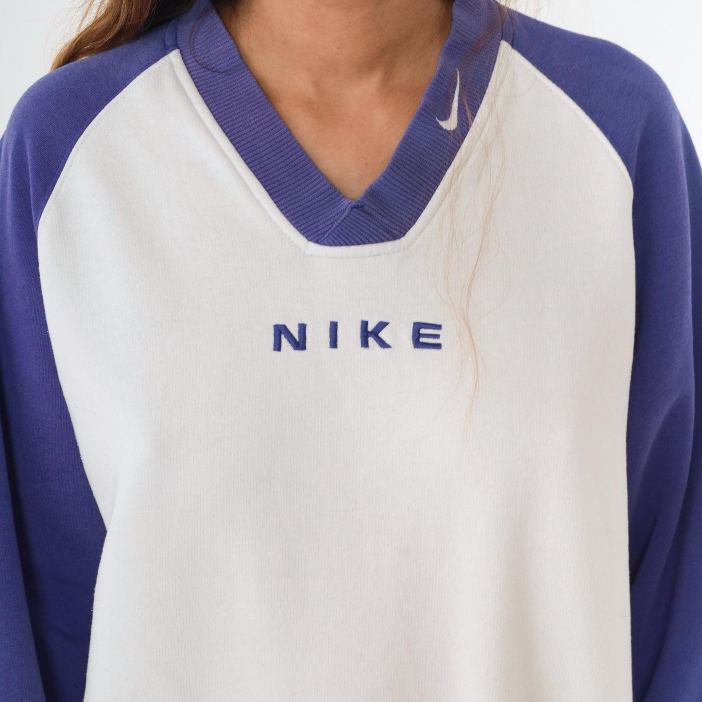 90s Nike V-Neck Sweatshirt Purple White Colour Block Raglan Large