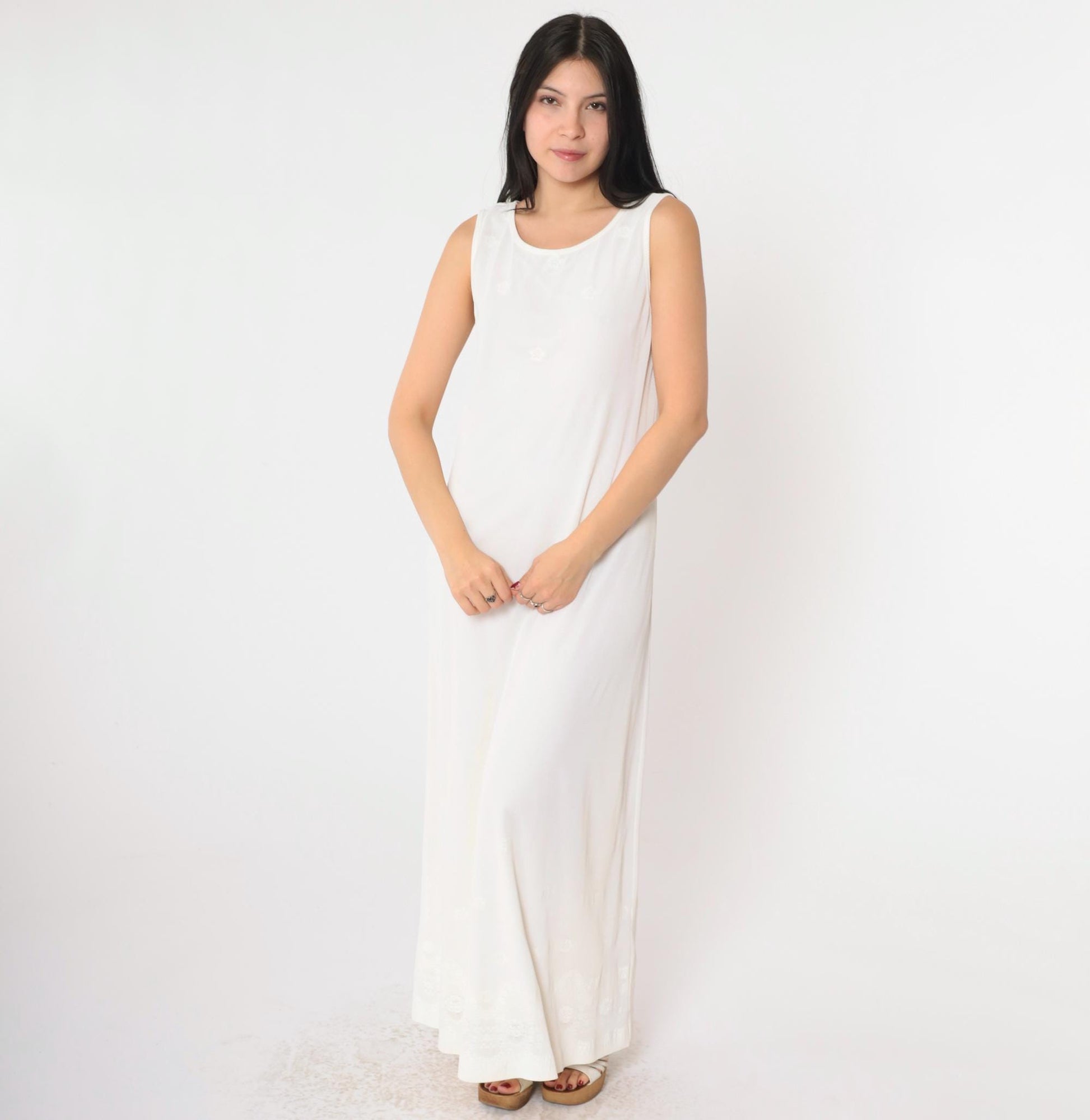90s White Mesh Floral Lace Maxi Dress Sleeveless Scoop Neck Small