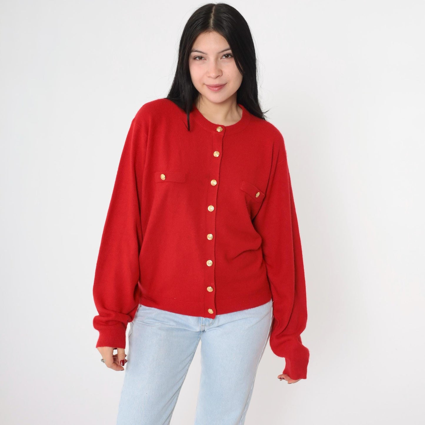 90s Red Cardigan Gold Buttons Acrylic Knit Sweater Large
