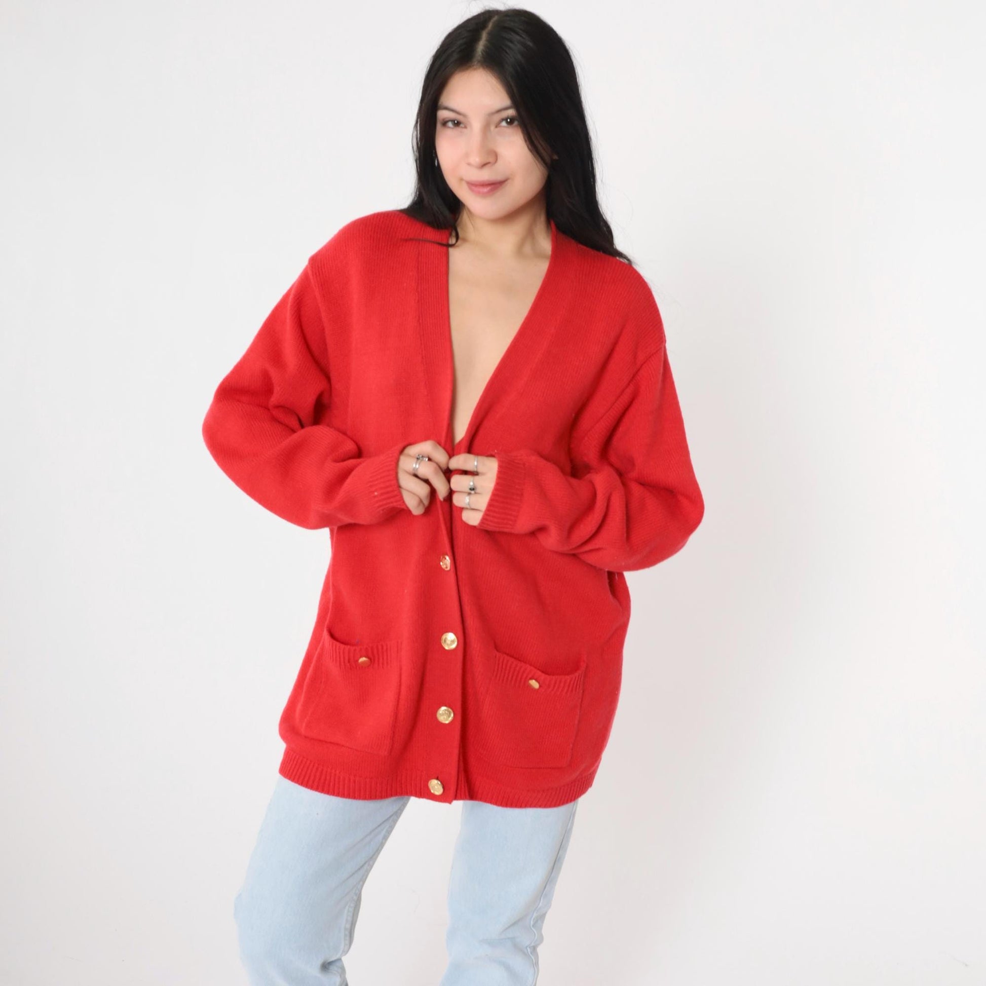 80s Karen Scott Wool Cardigan Red Gold Button Knit Sweater Large L