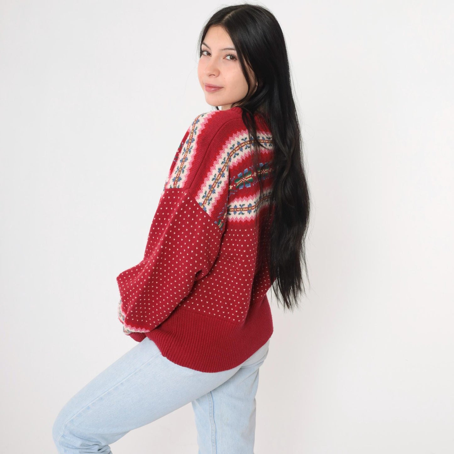 90s Susan Bristol Fair Isle Sweater Striped Snowflake Knit Medium
