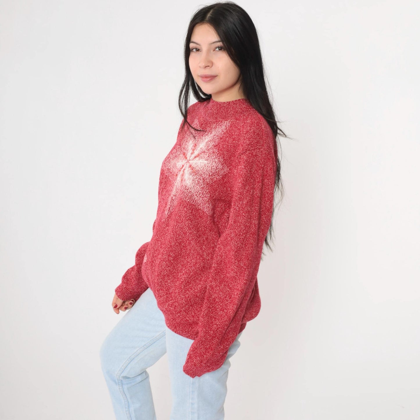 90s Red Beaded Snowflake Mock Neck Knit Sweater Pullover Large