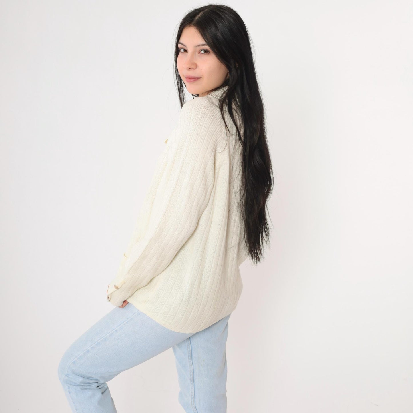 80s Ms. Casuals Cream Acrylic Cardigan Gold Eagle Buttons Medium