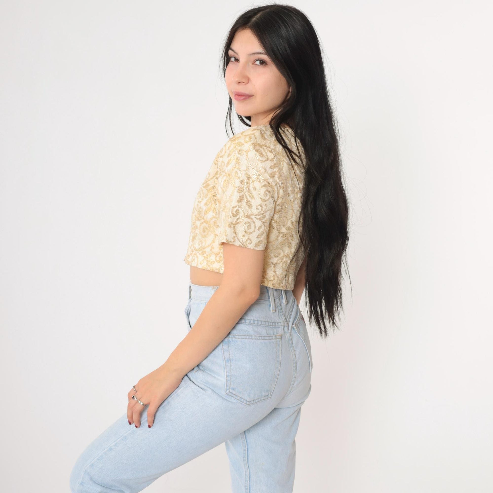 90s Cream Gold Metallic Lace Crop Top Button Up Blouse Small