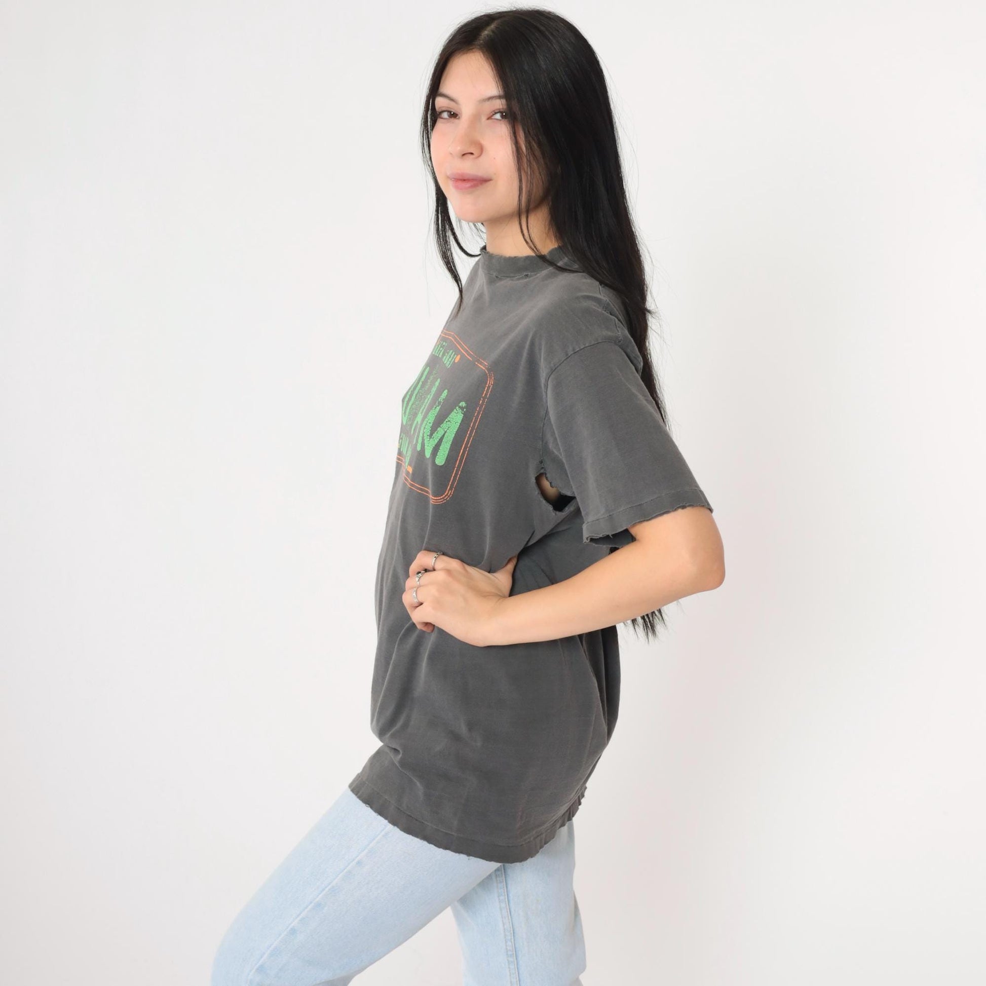 90s Guam Hafa Adai Graphic T-Shirt Distressed Charcoal Grey Medium