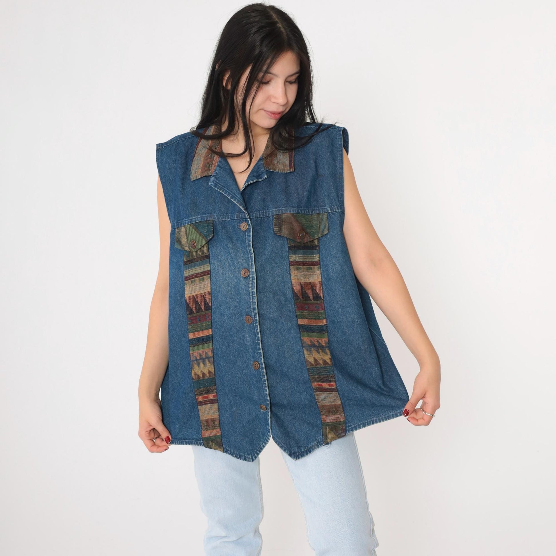 90s Southwestern Denim Vest Blue Tapestry Button Up Cotton Plus Size XXL
