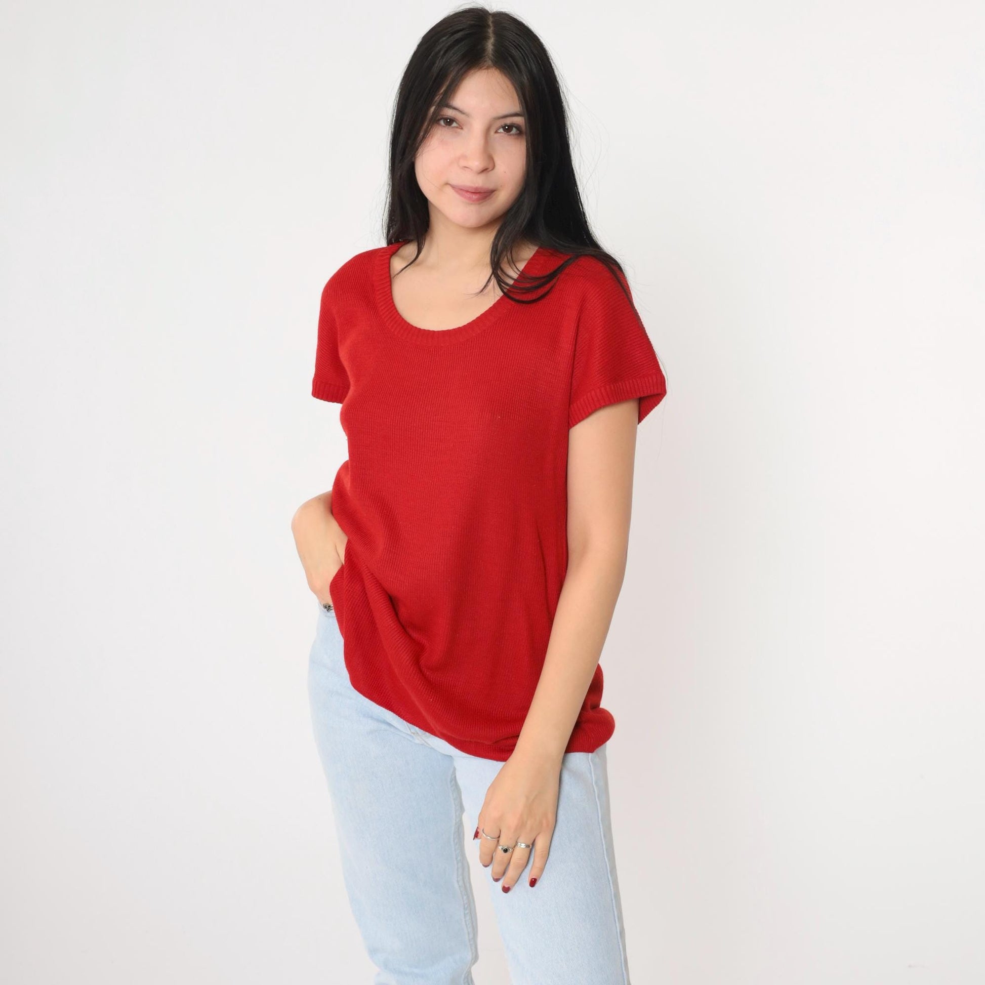 80s Red Ribbed Knit Scoop Neck Longline Top Short Sleeve Small