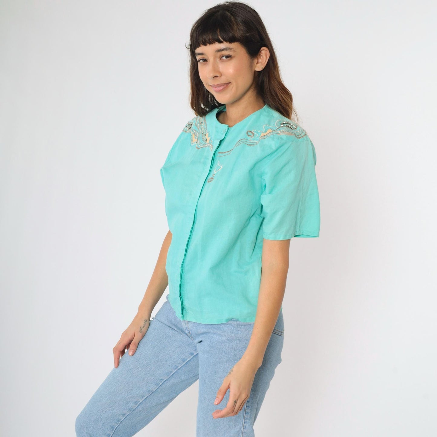 90s Aqua Sequin Rhinestone Embroidered Button Up Blouse Short Sleeve Medium M