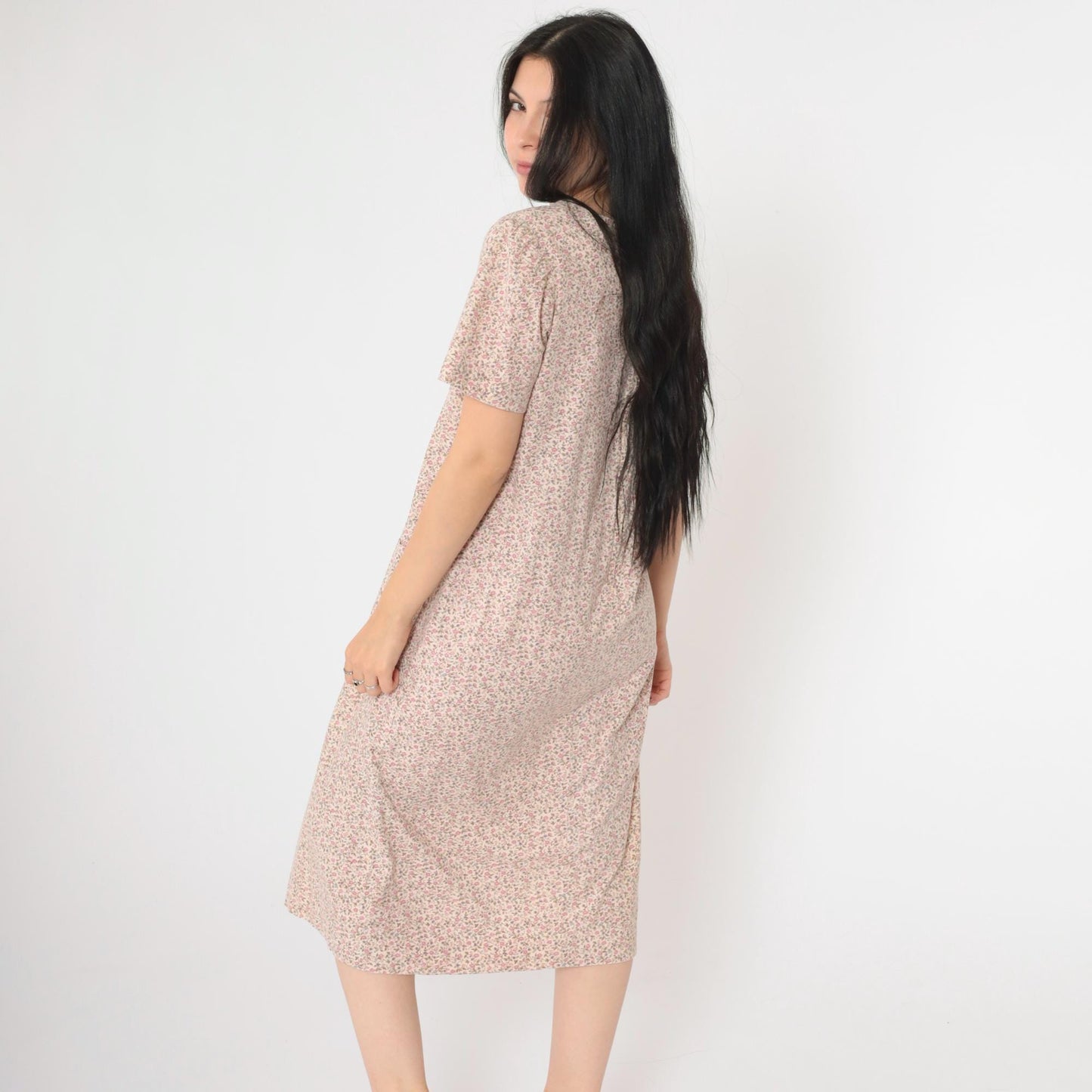 90s Floral Midi Shift Dress Off-White Pink Short Sleeve Pockets Medium