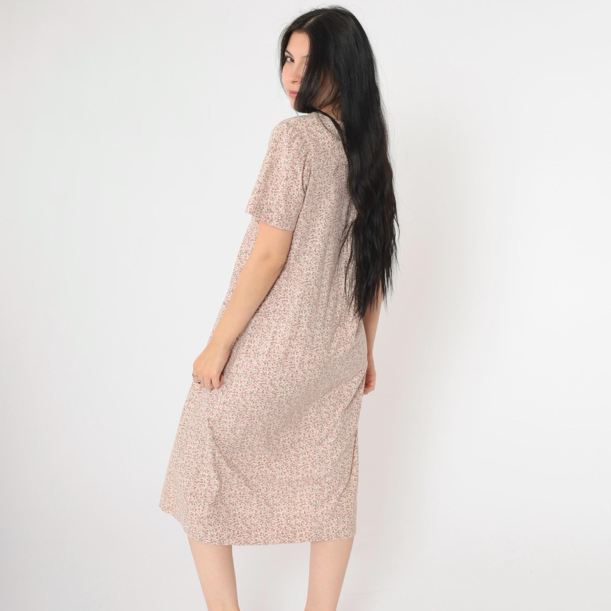 90s Floral Midi Shift Dress Off-White Pink Short Sleeve Pockets Medium