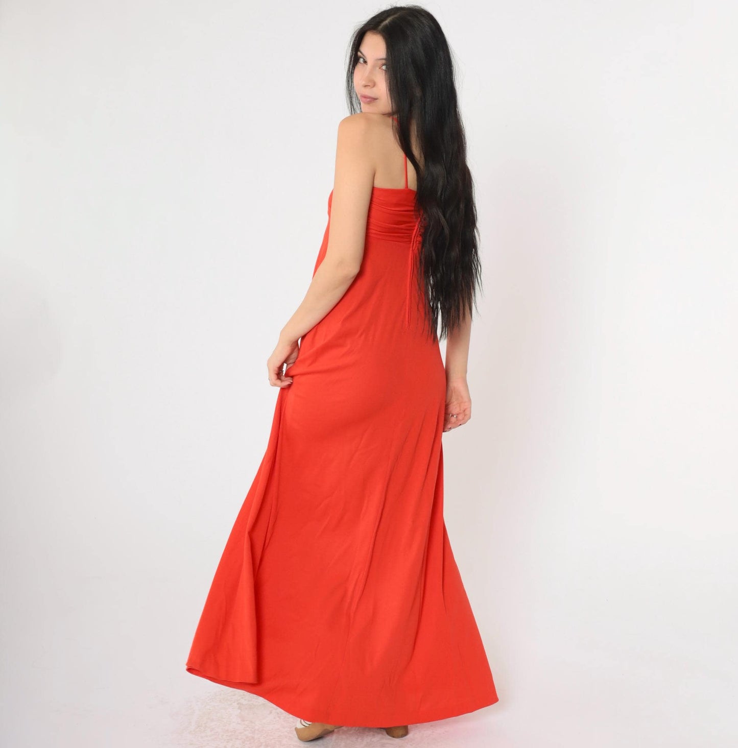 70s Red Maxi Dress Empire Waist Spaghetti Strap Grecian Extra Small