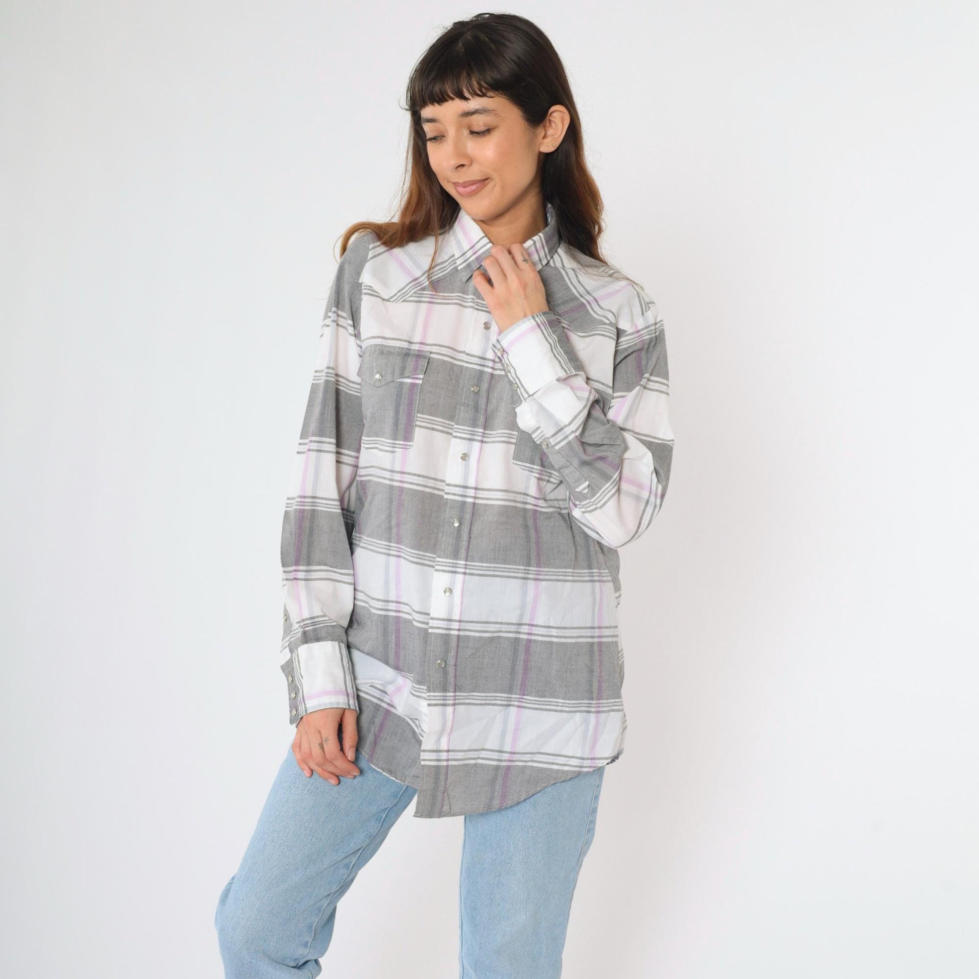 80s Gold Collection by Karman Western Shirt Pearl Snap Plaid Grey Large