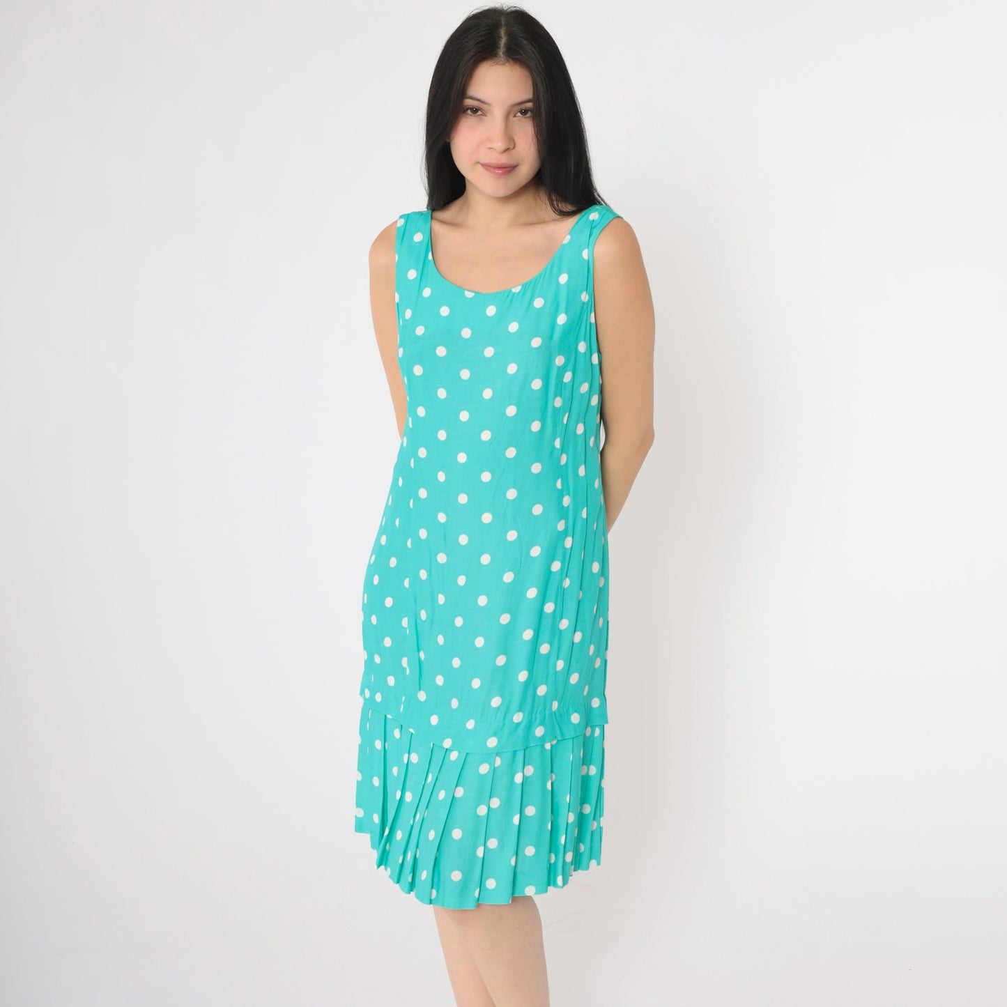 80s Jessica Howard Polka Dot Shift Dress Turquoise Sleeveless Knee Length Medium