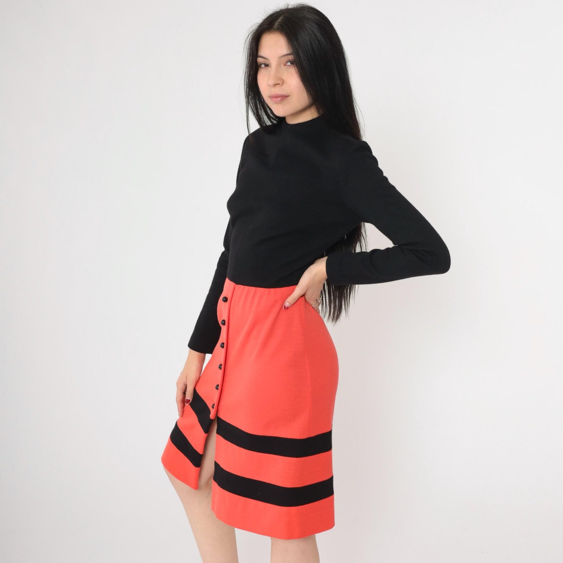 60s Wool Mock Neck Dress Black Orange Striped Knee-Length High Waist Small