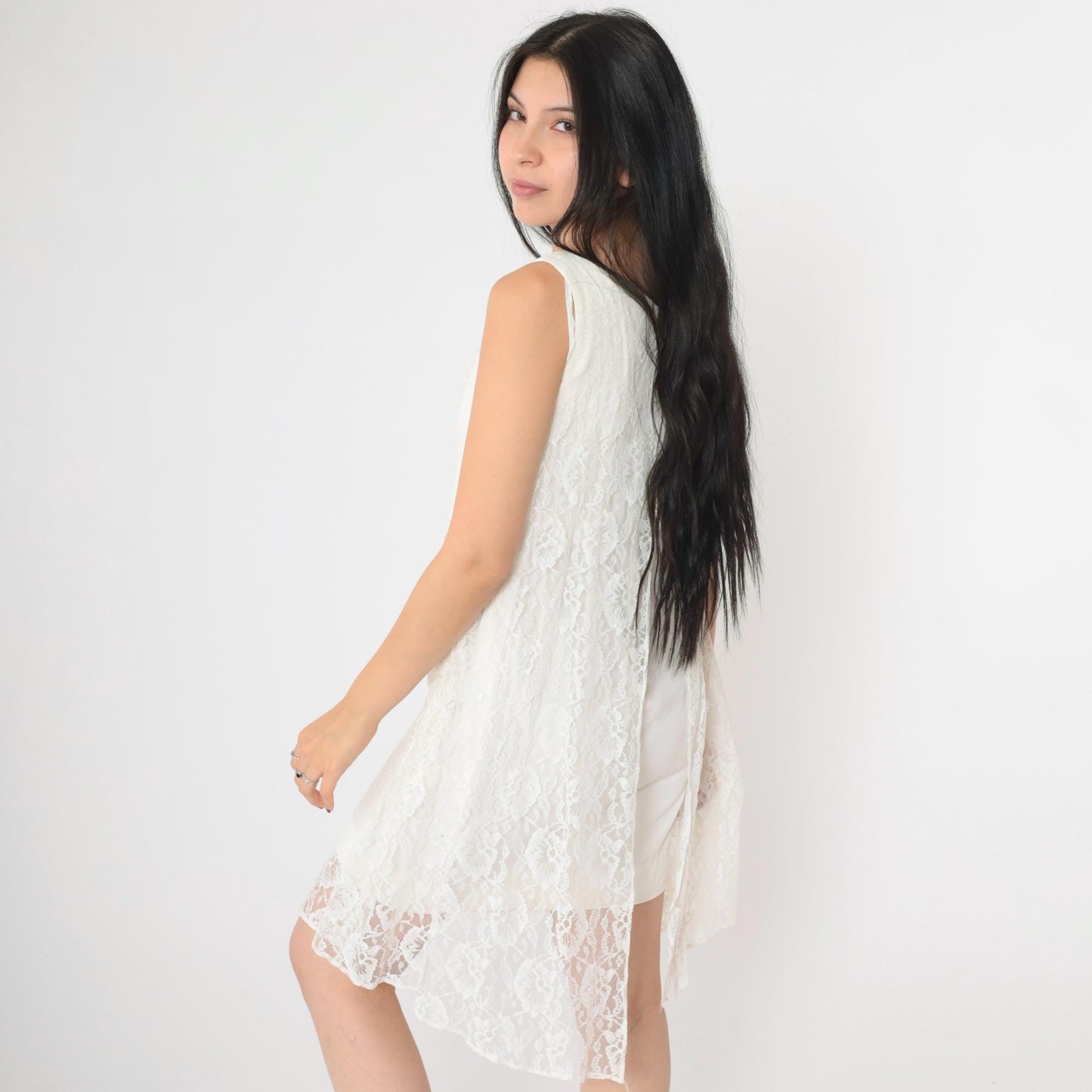 60s White Lace Empire Waist Mini Shift Dress Sleeveless Extra Small XS