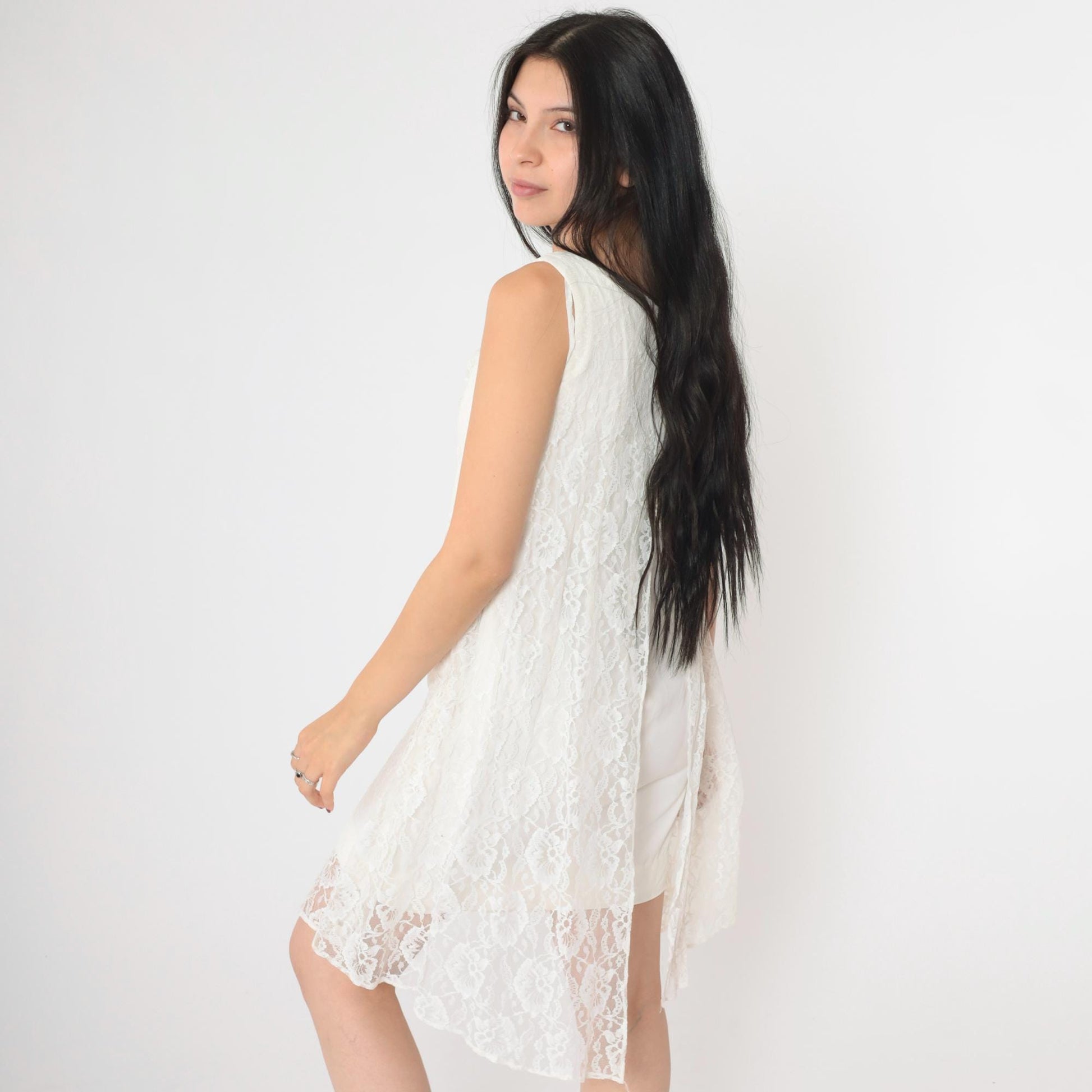 60s White Lace Empire Waist Mini Shift Dress Sleeveless Extra Small XS