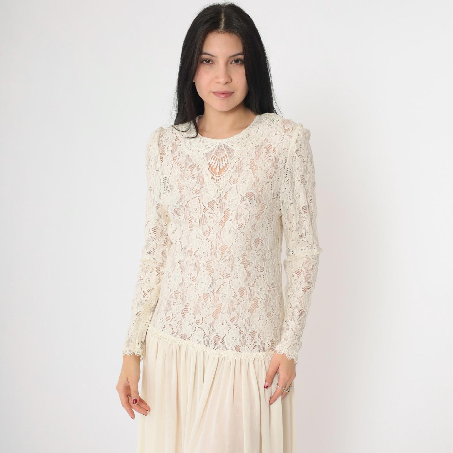 80s Ricki Lang Sheer Lace Maxi Dress Cream Puff Sleeve Drop Waist Medium