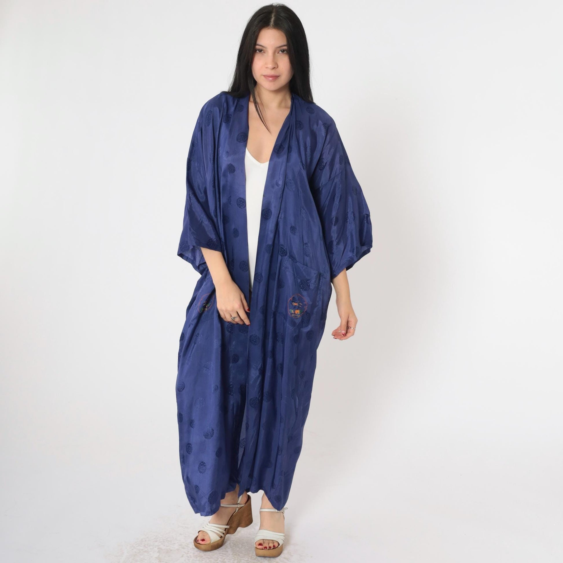 80s Dark Blue Embroidered Japanese Village Kimono Robe Maxi Wrap Extra Large