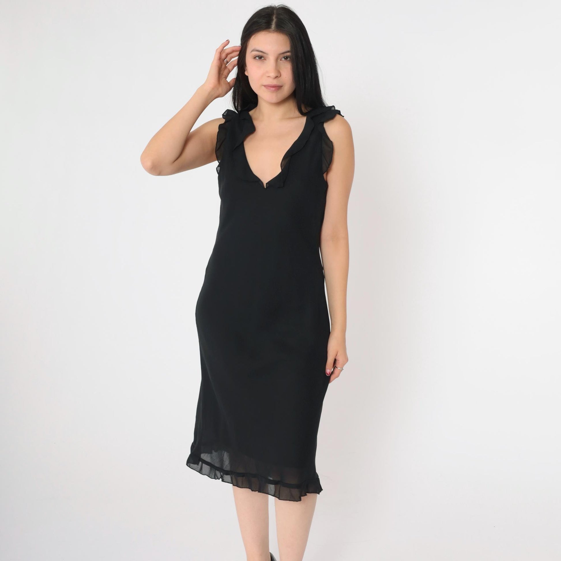 90s Black Chiffon Midi Dress V Neck Ruffled Sleeveless Shift Medium