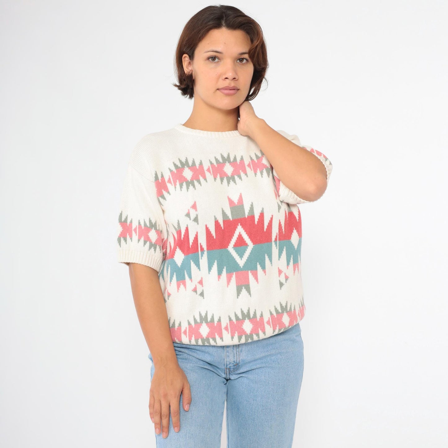 80s United Knitwear Southwestern Geometric Knit Top Off-White Coral Pink Blue Medium