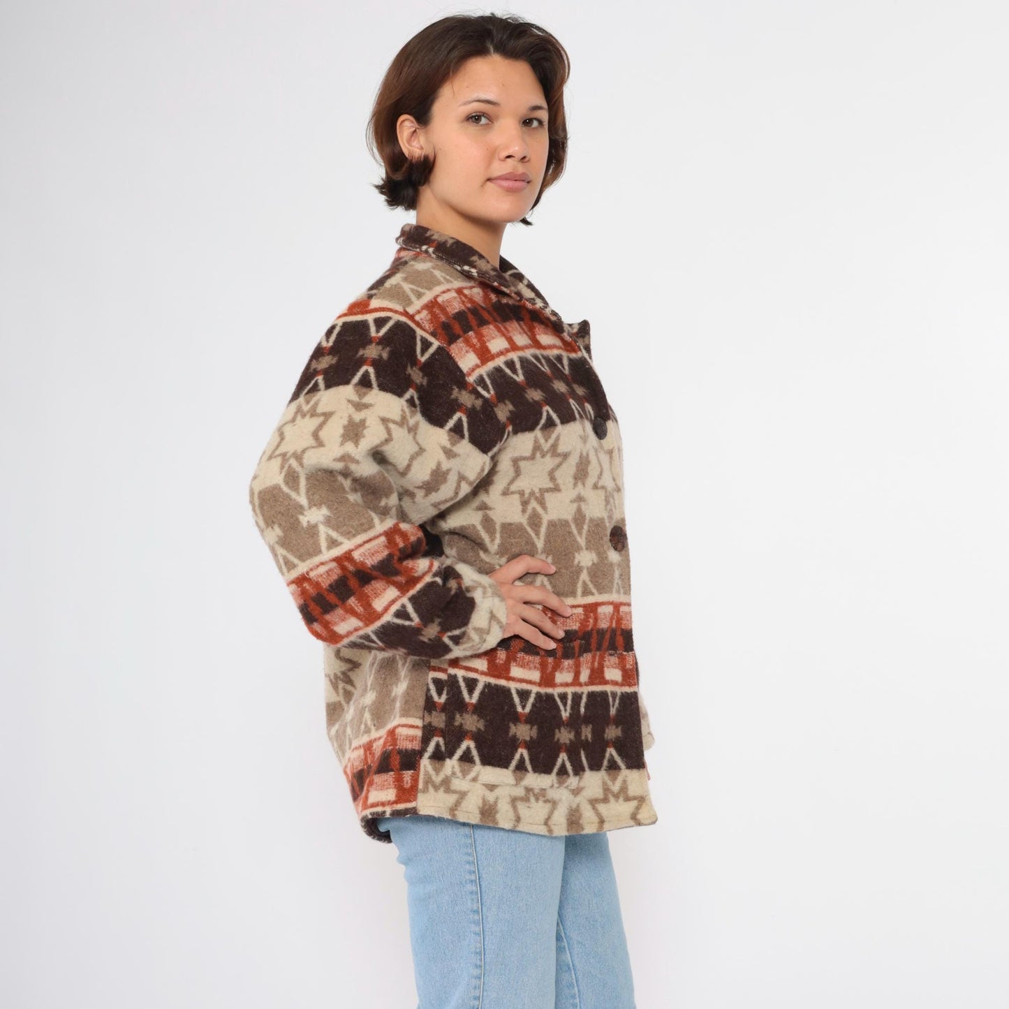 90s Flashback Wool Jacket Southwestern Geometric Star Print Button-Up Large