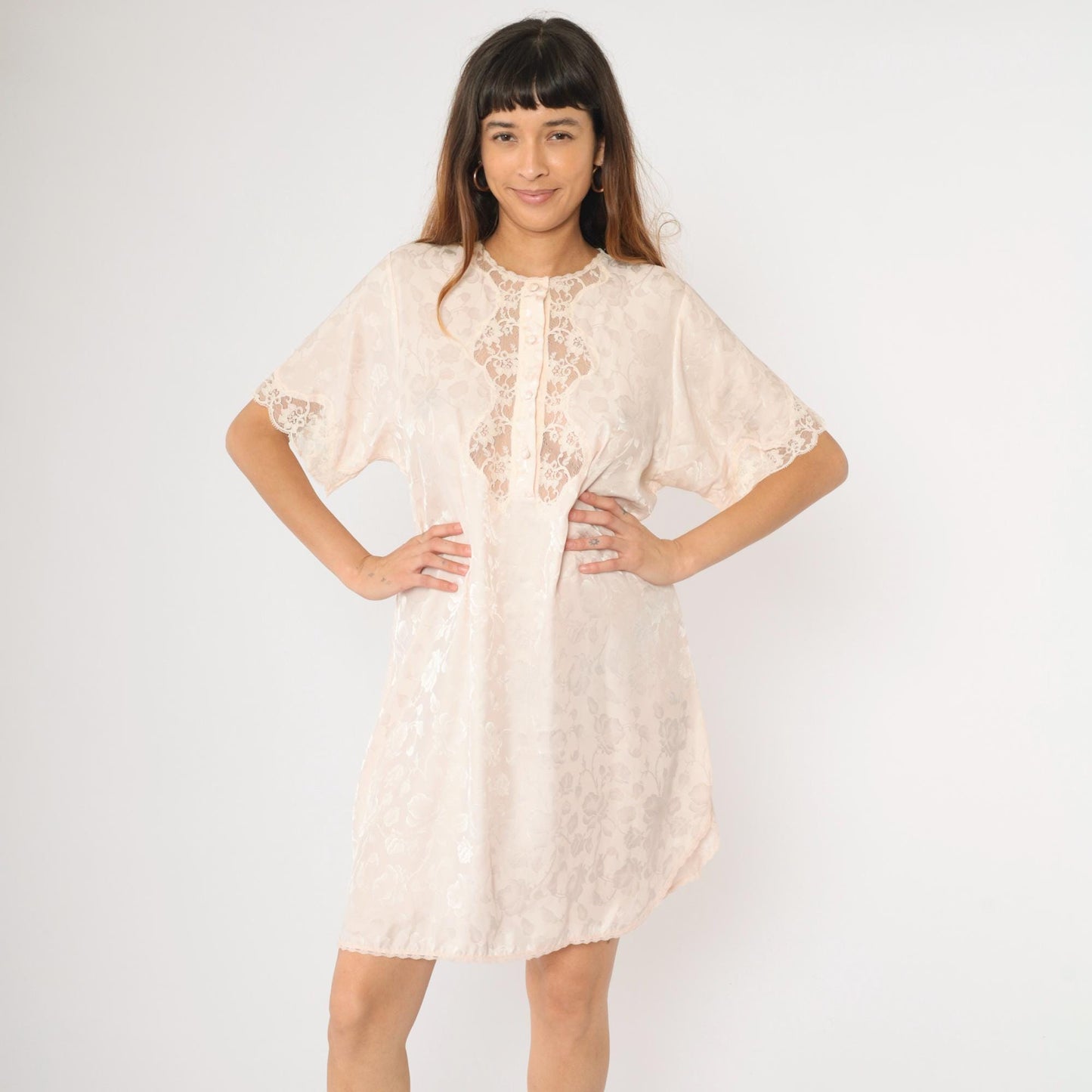 90s Barbizon Baby Pink Floral Embossed Nightgown Lace Trim Mini Large L