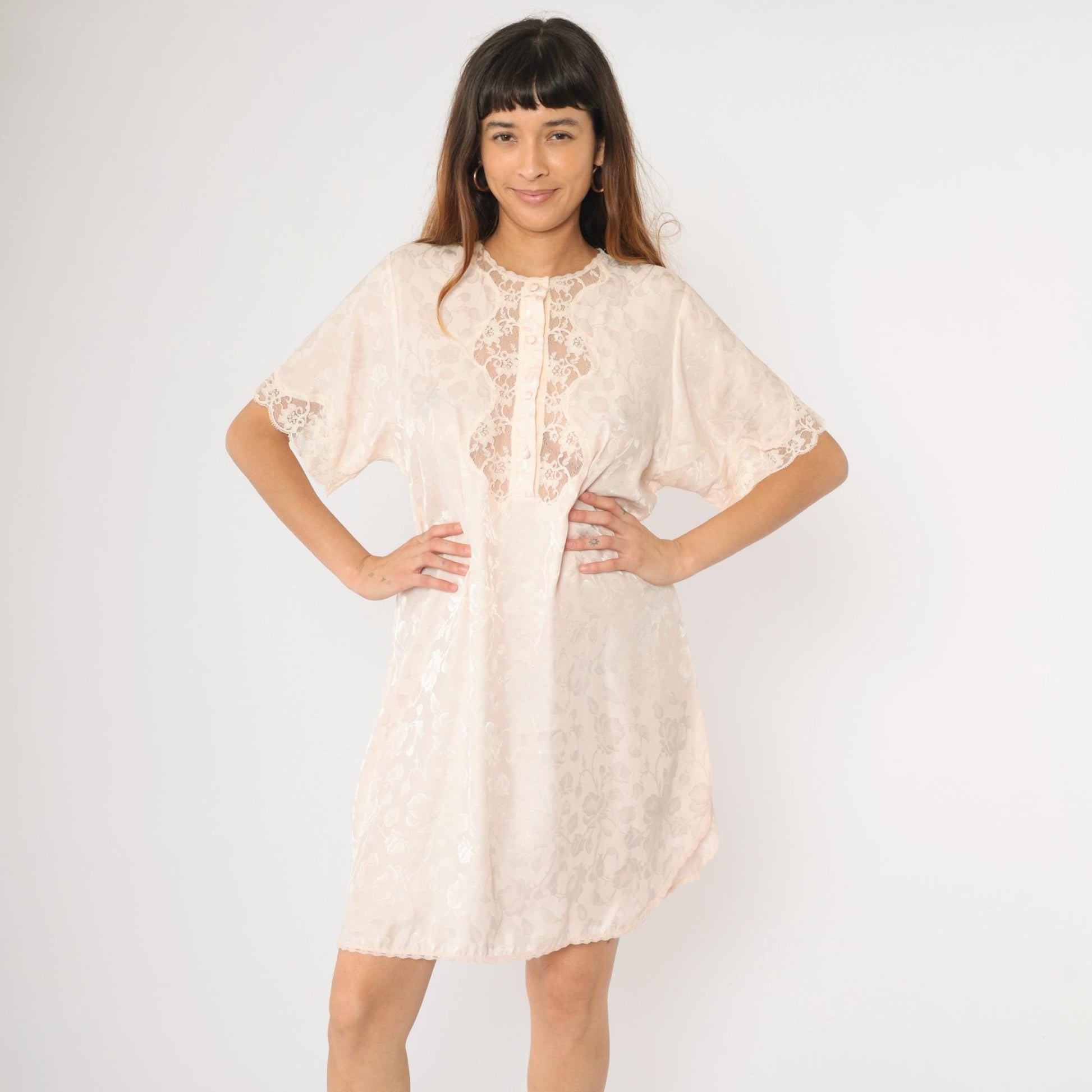 90s Barbizon Baby Pink Floral Embossed Nightgown Lace Trim Mini Large L
