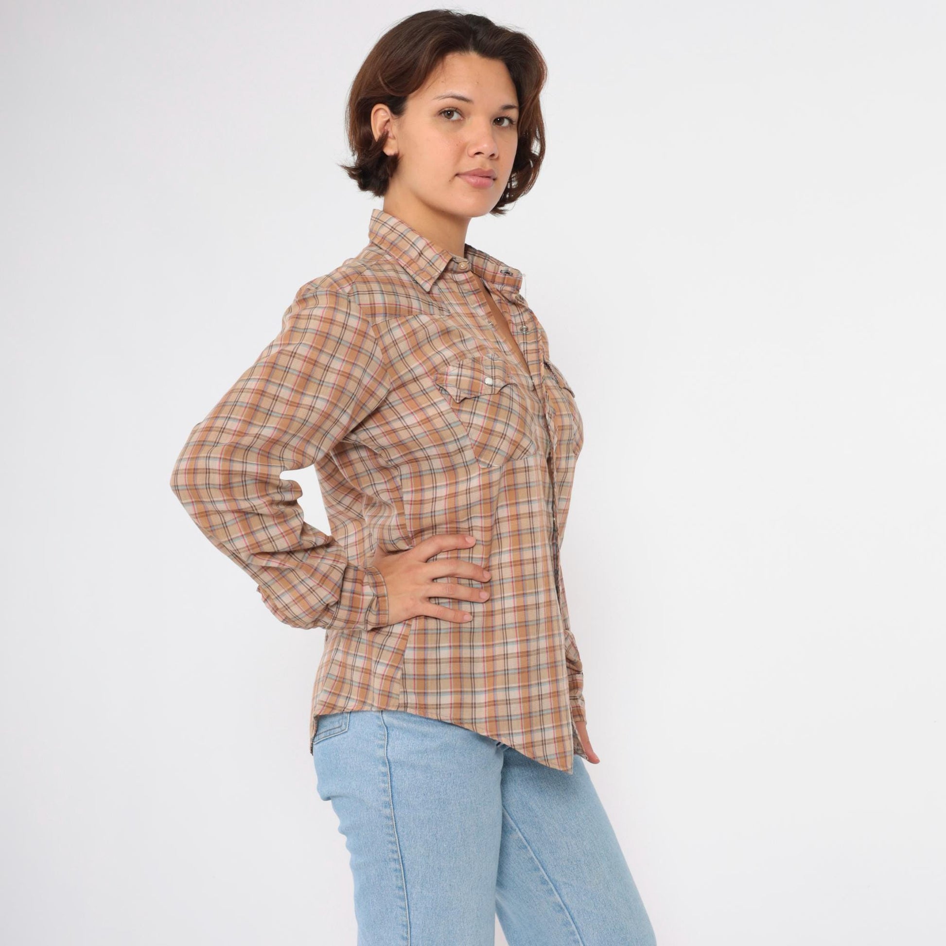 80s Dakota Western Pearl Snap Shirt Burnt Orange Tan Plaid Large