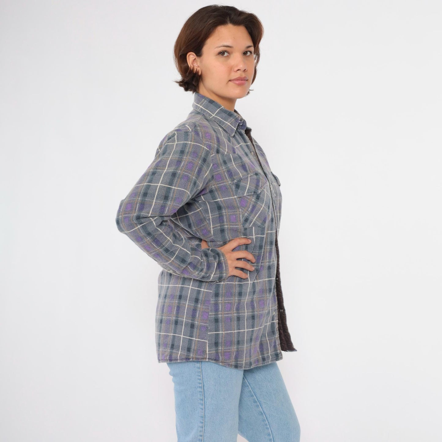 90s Rock Creek Ranch Pearl Snap Flannel Shirt Grey Purple Plaid Medium