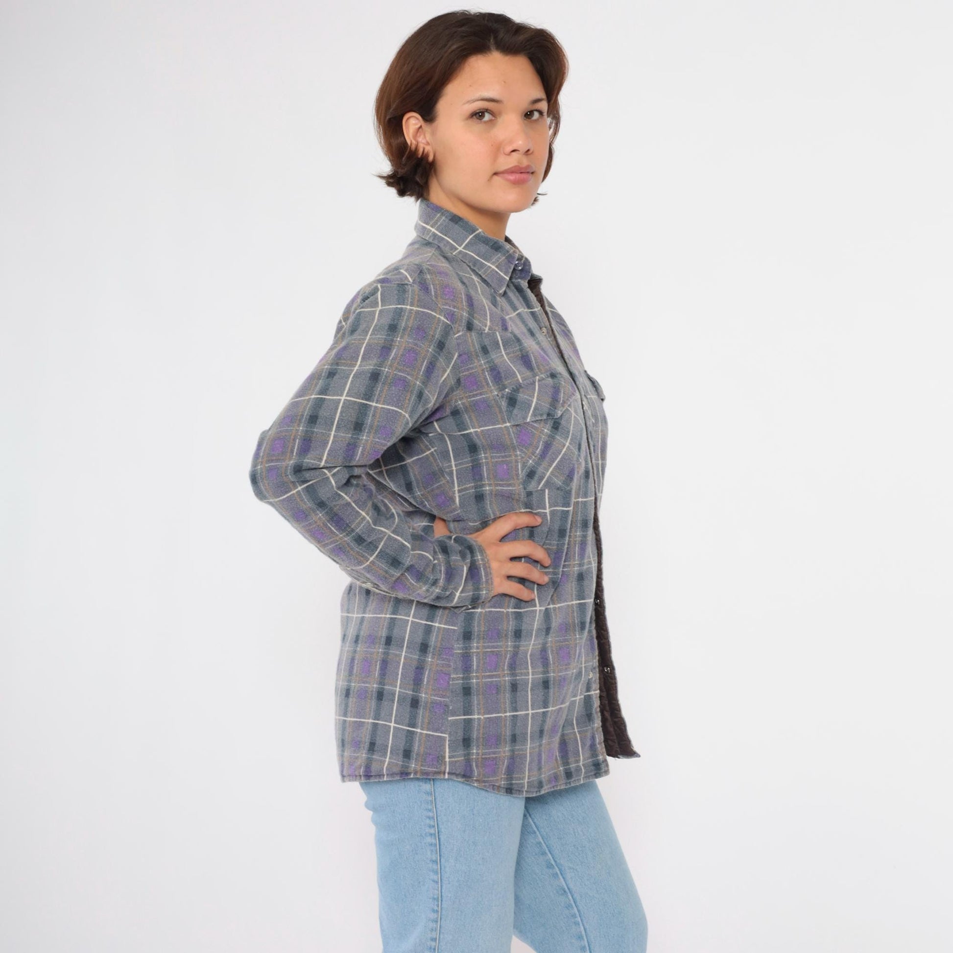 90s Rock Creek Ranch Pearl Snap Flannel Shirt Grey Purple Plaid Medium