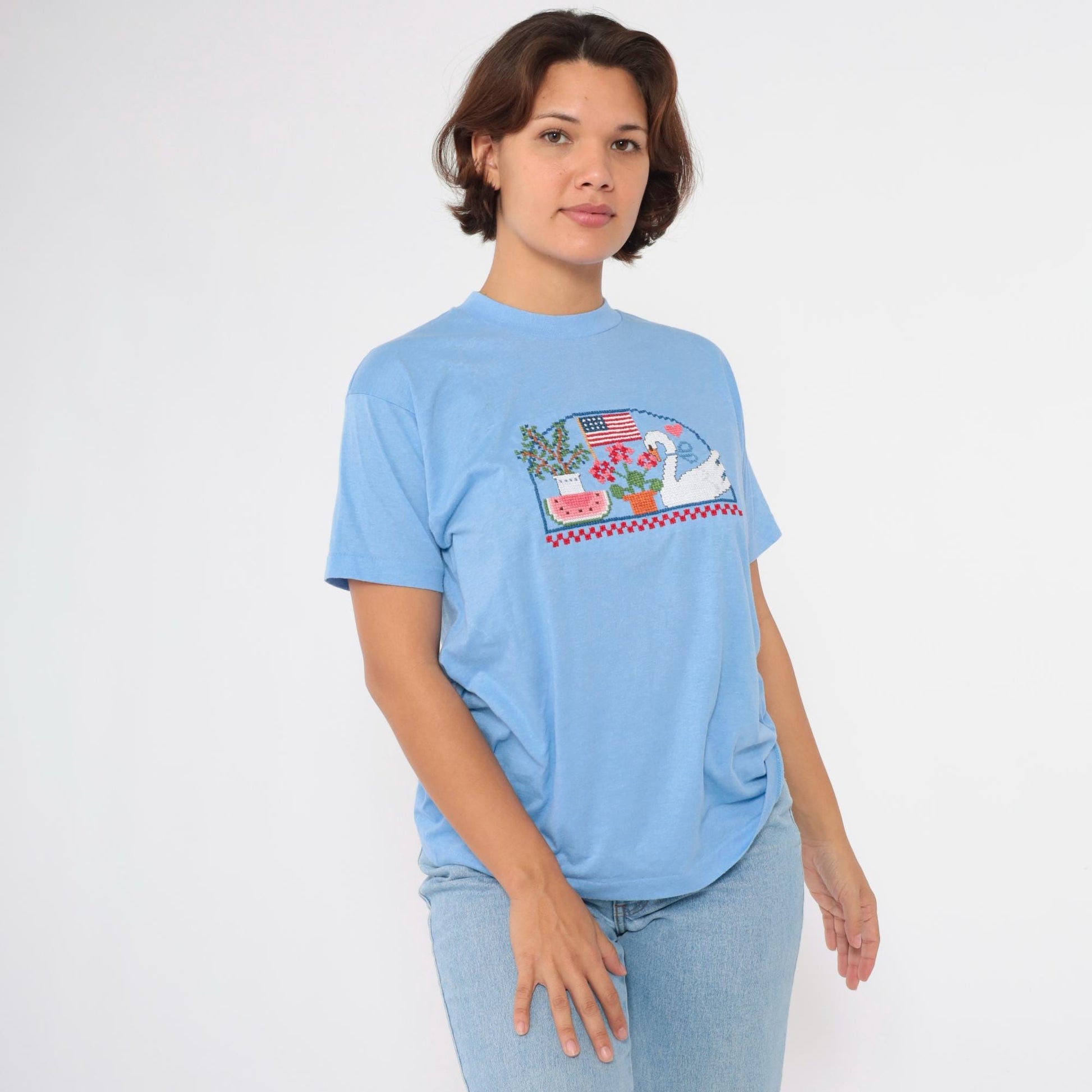 80s Screen Stars Embroidered Graphic Tee Swan Flag Watermelon Blue Medium