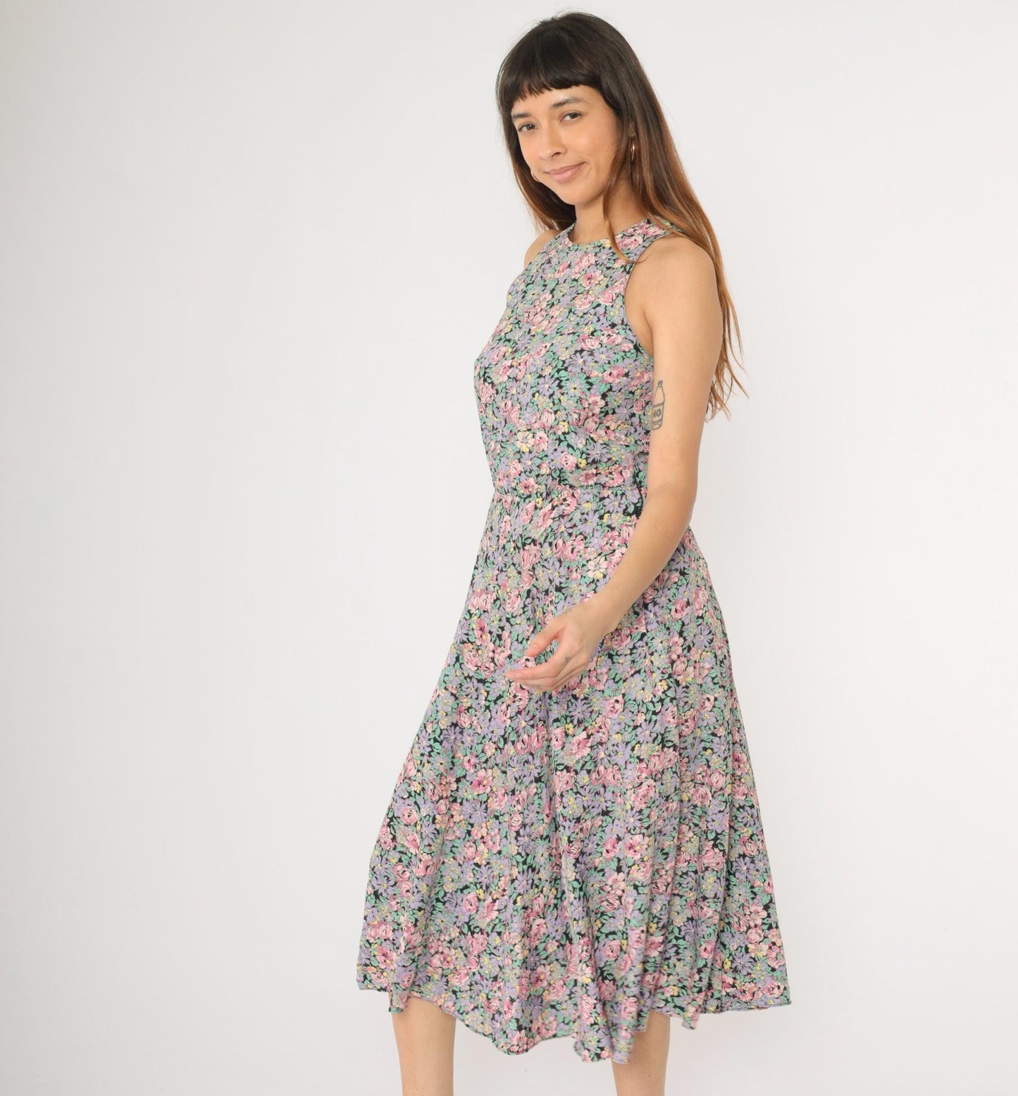 90s Ed Michaels Floral Midi Dress Pink Purple Sleeveless Small