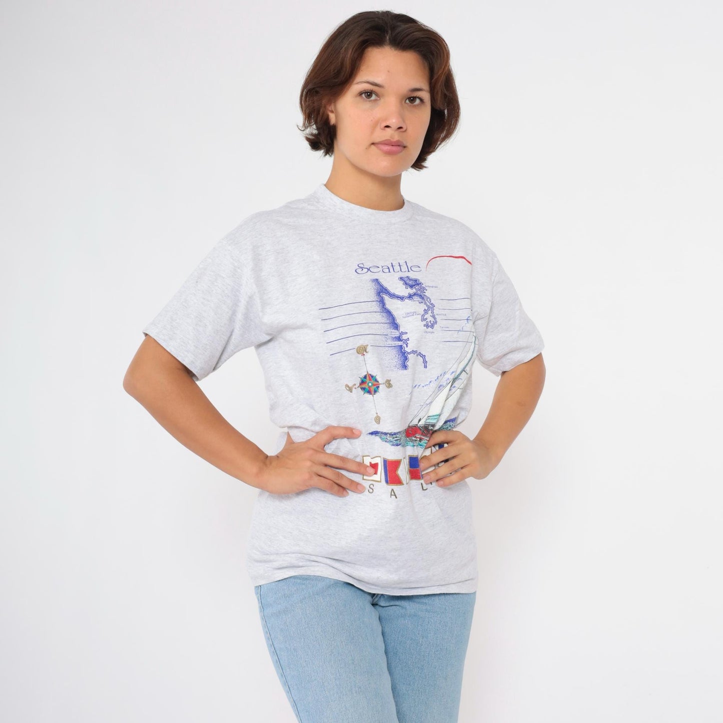 90s Seattle Sailing Graphic T-Shirt Sailboat Print Grey Cotton Medium