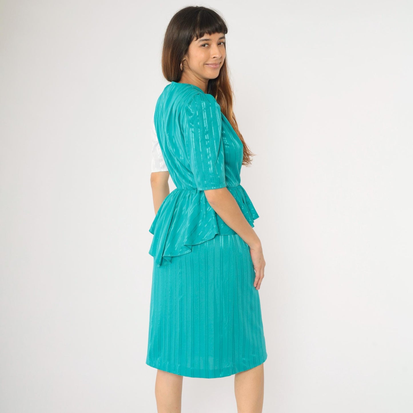 80s Sally Lou Teal Green Striped Peplum Midi Dress Puff Sleeve Small