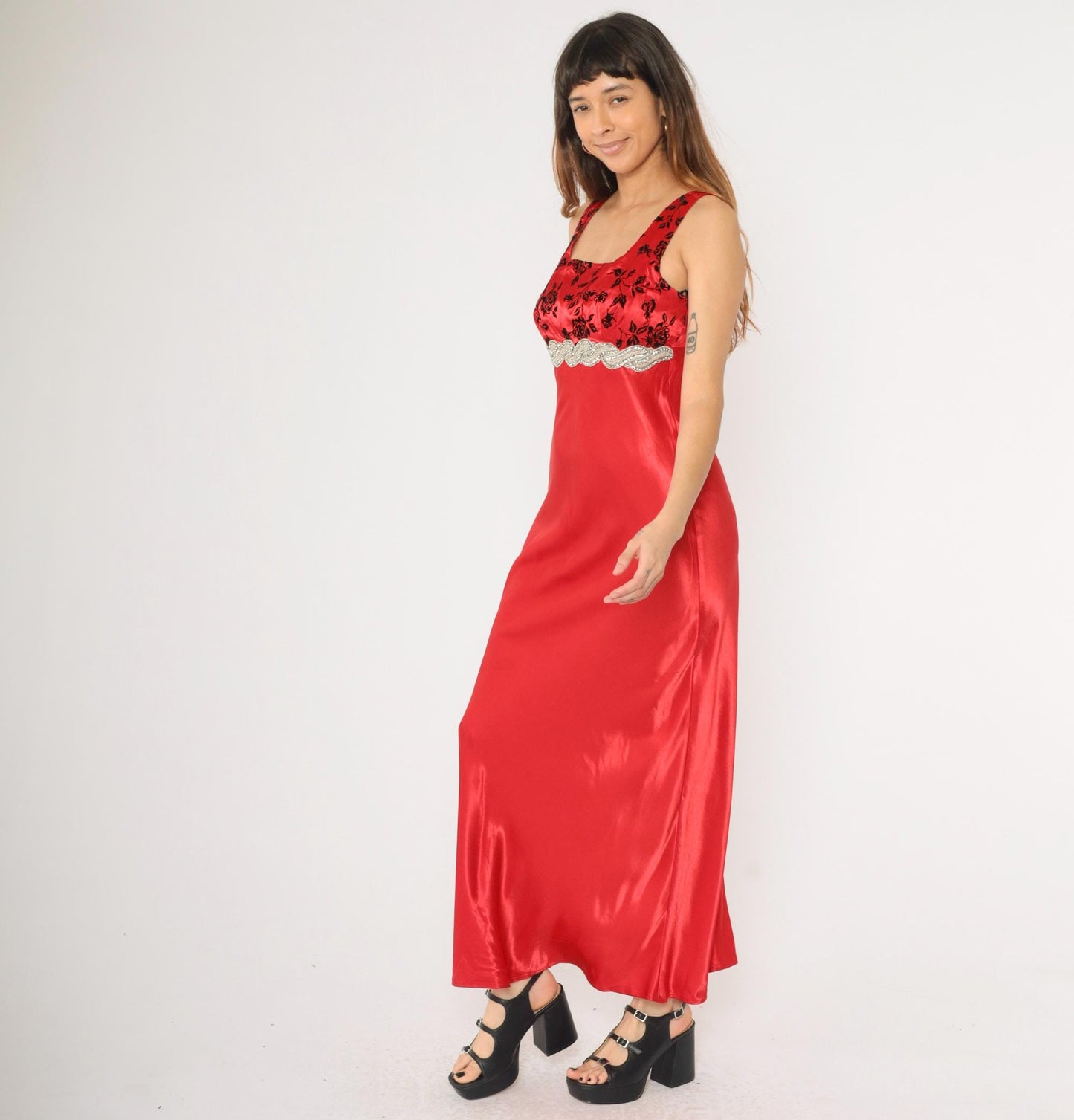 90s Be Smart Red Satin Maxi Gown Flocked Velvet Floral Beaded Empire Waist Small