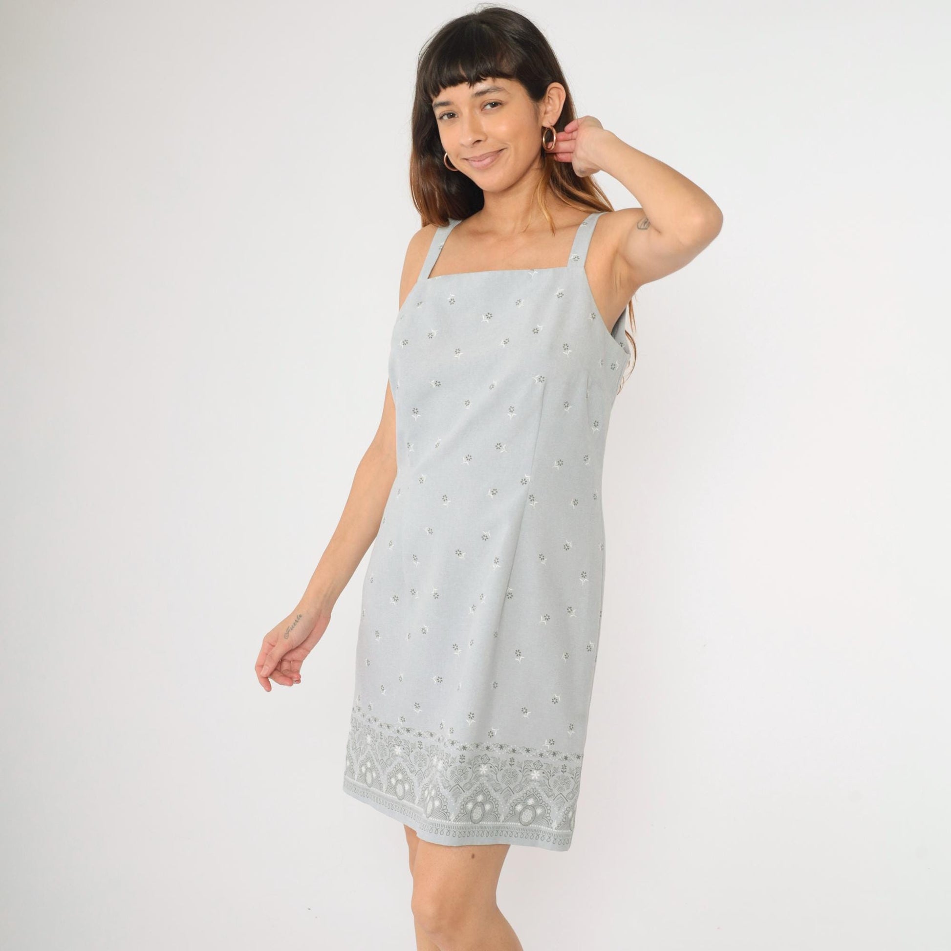 90s Grey Floral Mini Dress Sleeveless Square Neck Sheath Pencil Medium