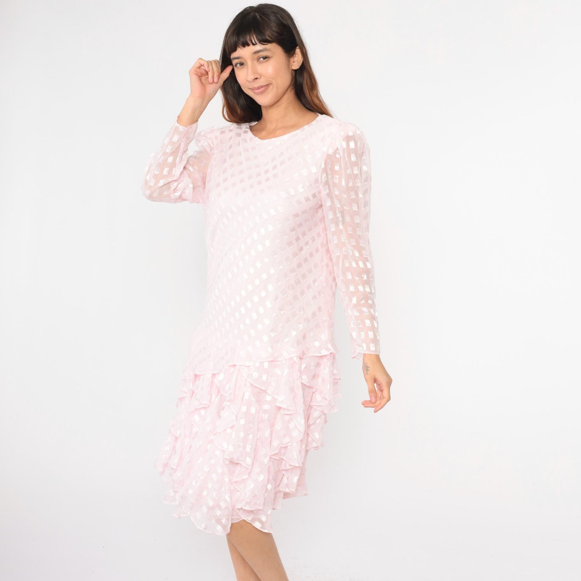 80s Patra Pink Midi Dress Drop Waist Puff Sleeve Ruffle Embossed Large L