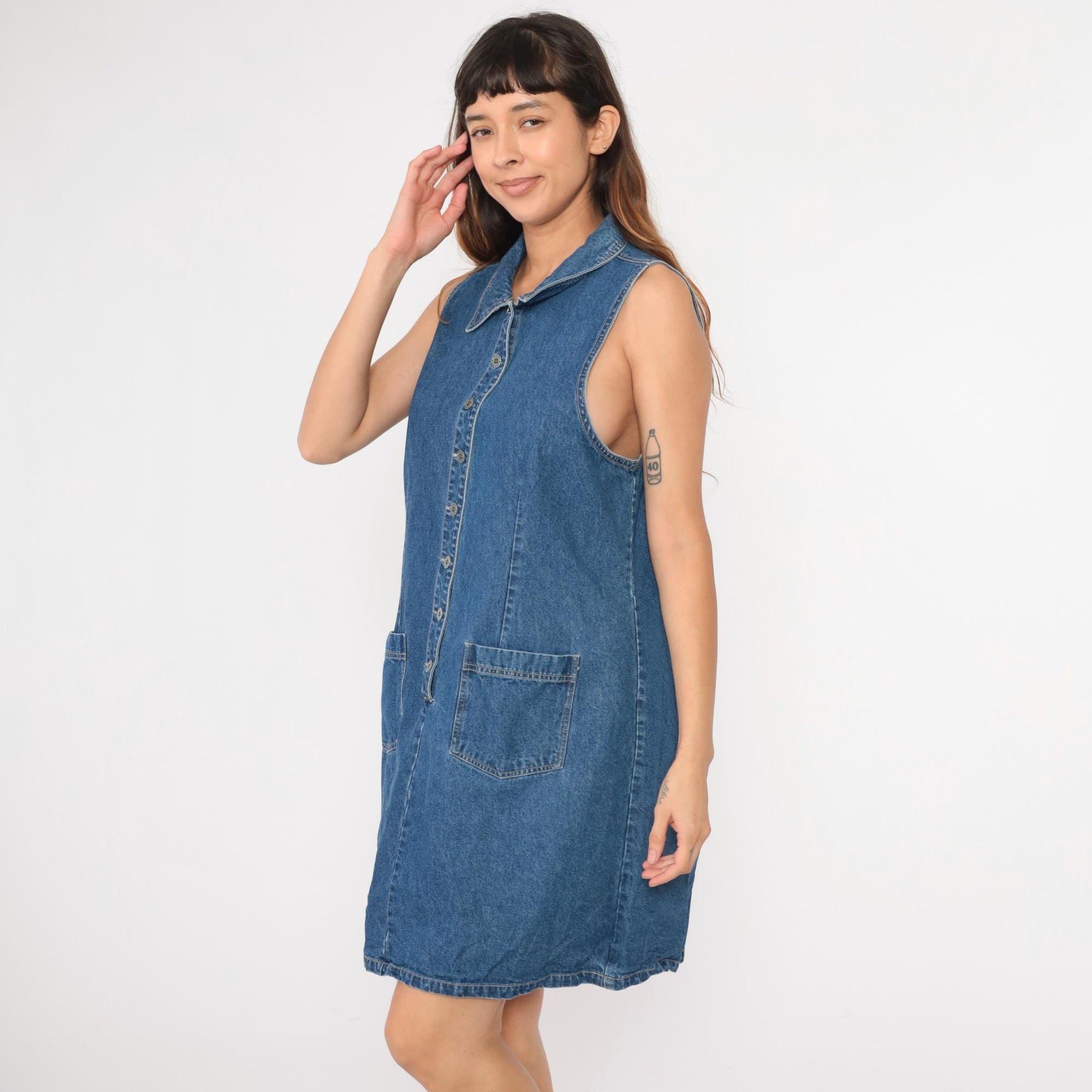 90s Denim Mini Dress Button-Up Sleeveless Blue Cotton Medium Large