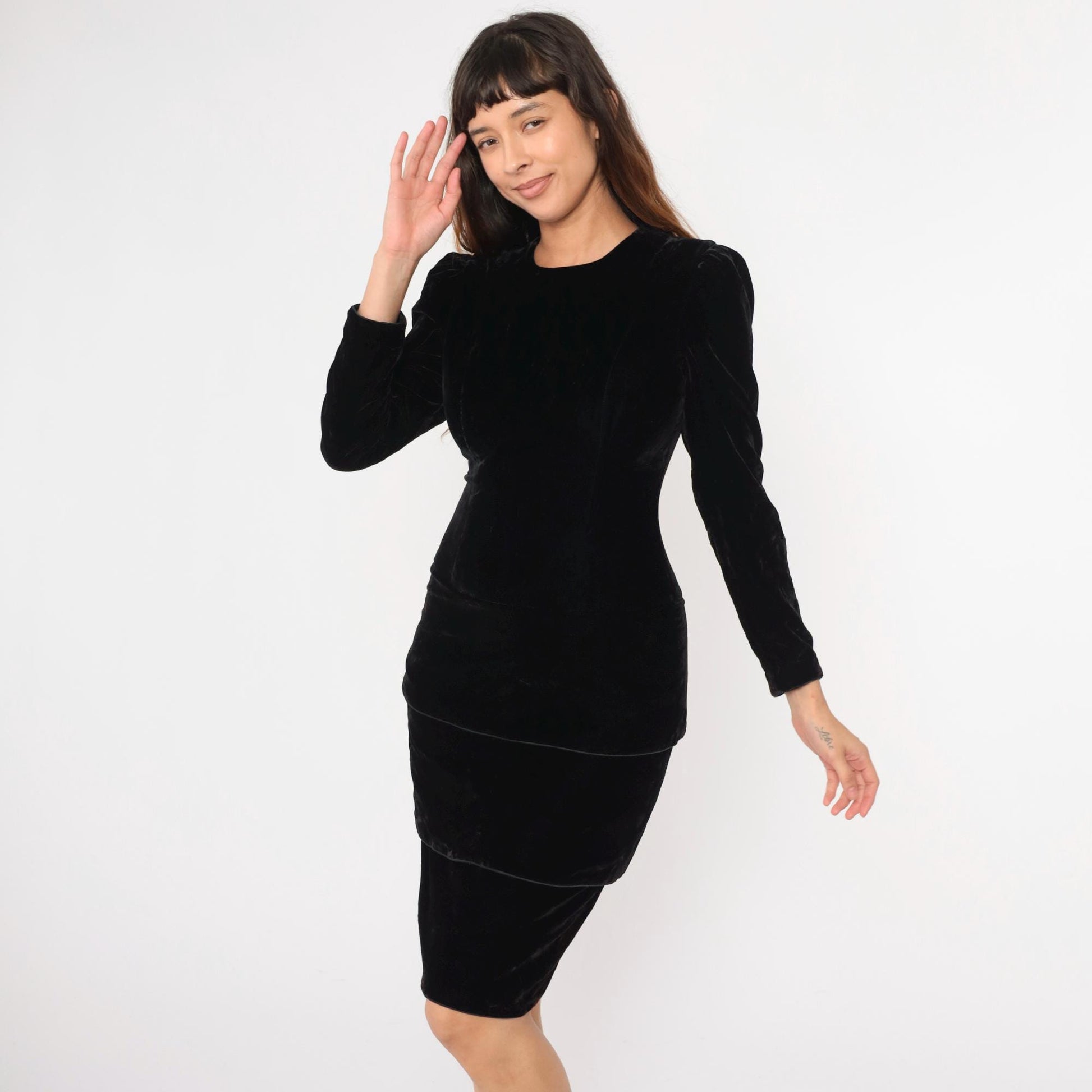 80s Maggy London Black Velvet Puff Sleeve Midi Dress Small 6