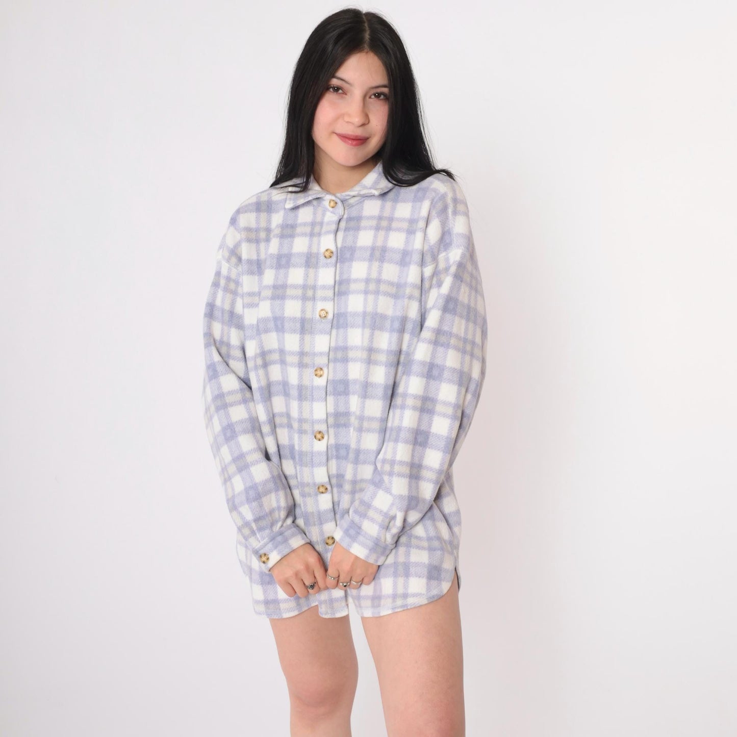 90s Cherokee Plaid Fleece Shirt Jacket Purple White Button Up Large
