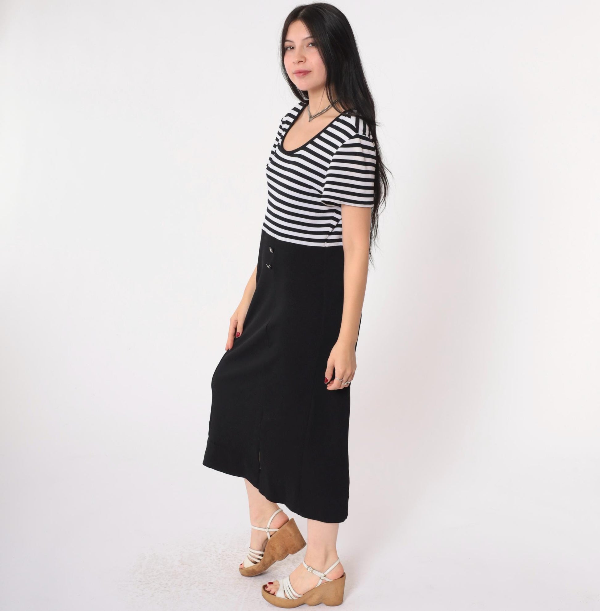 Y2K Black and White Striped Midi Dress Double-Breasted Scoop Neck Medium
