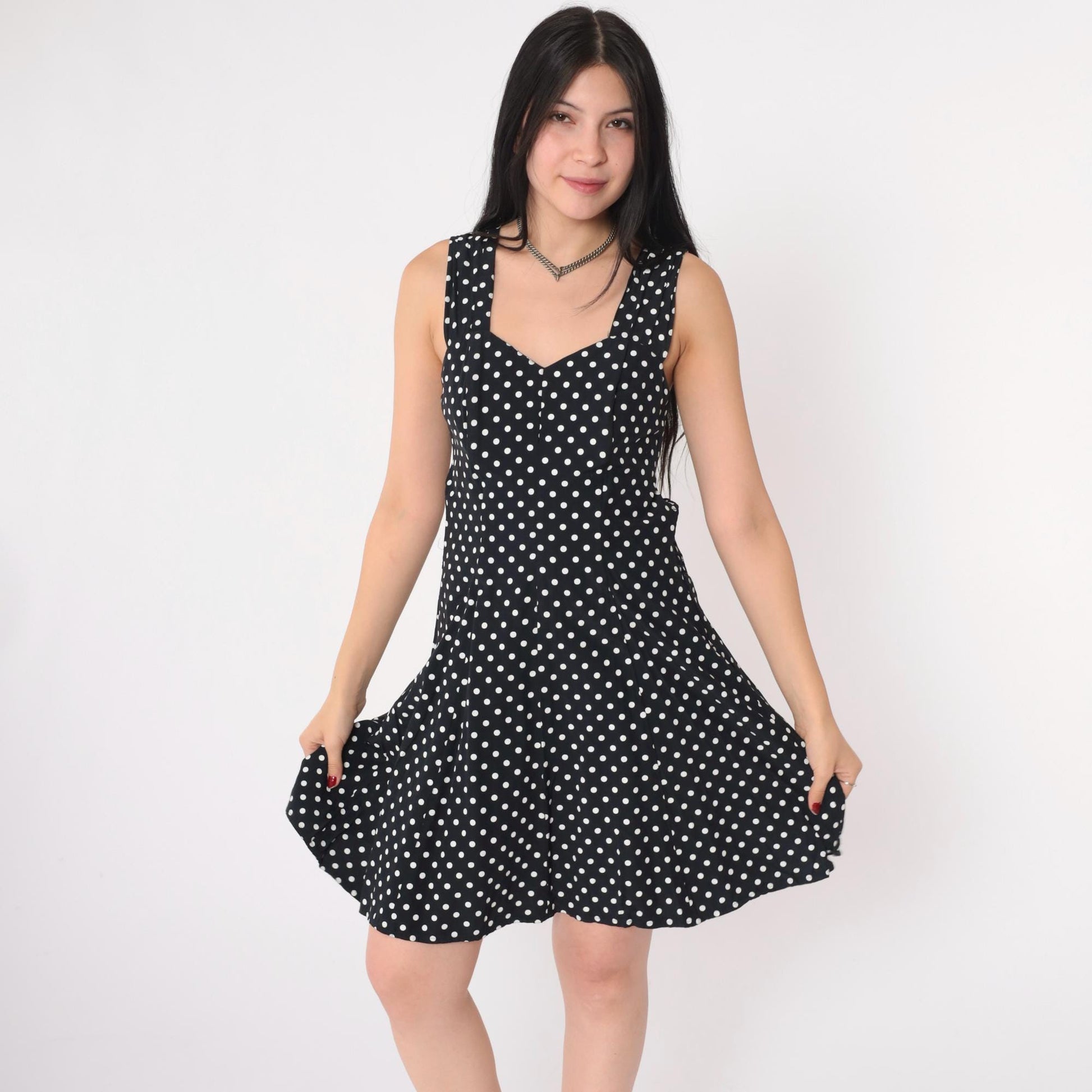 90s Black White Polka Dot Mini Dress Keyhole Back Smocked Sundress Small