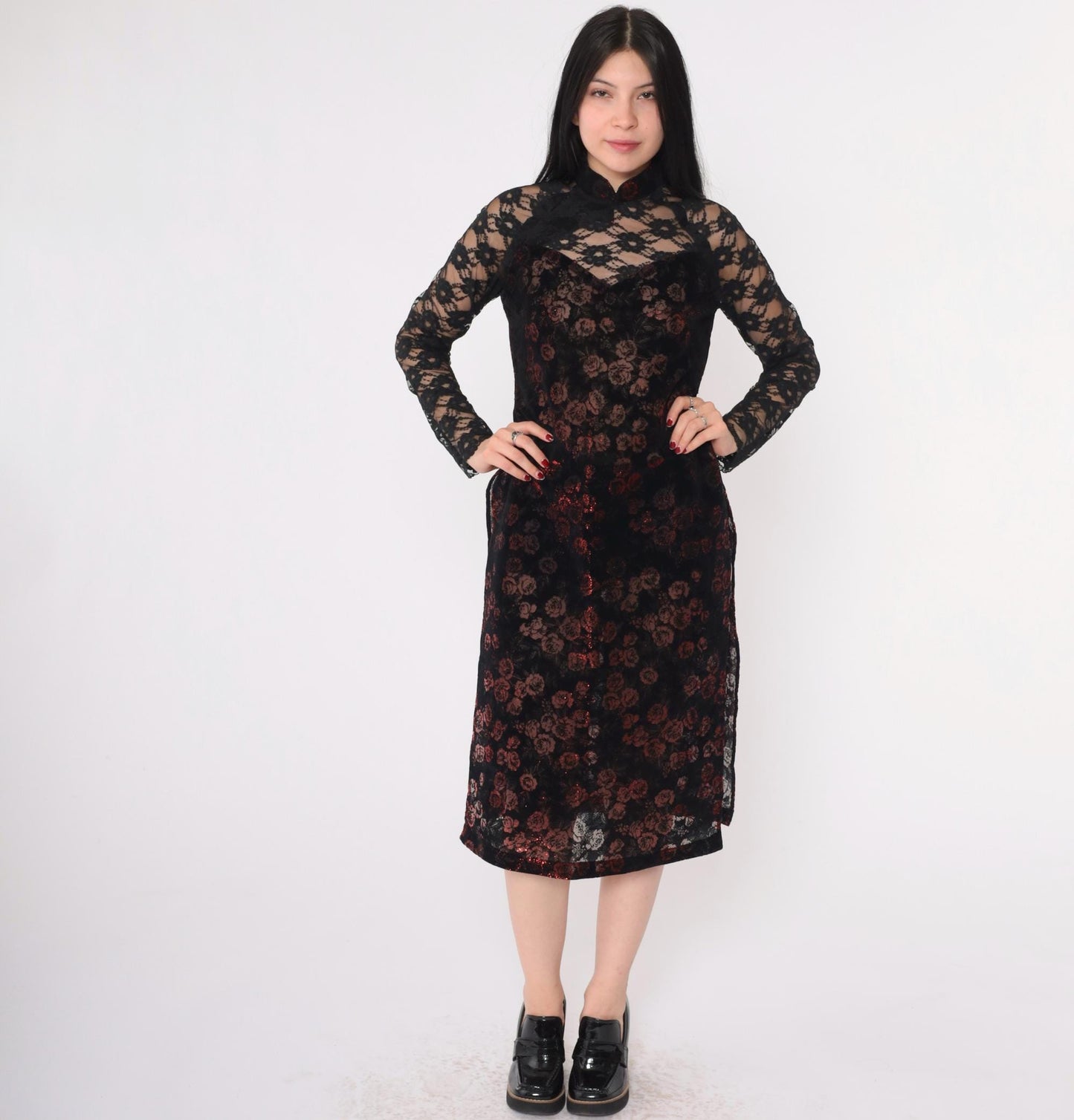 00s Ao Dai Dress Burnout Velvet Floral Mandarin Collar Black Lace Extra Small