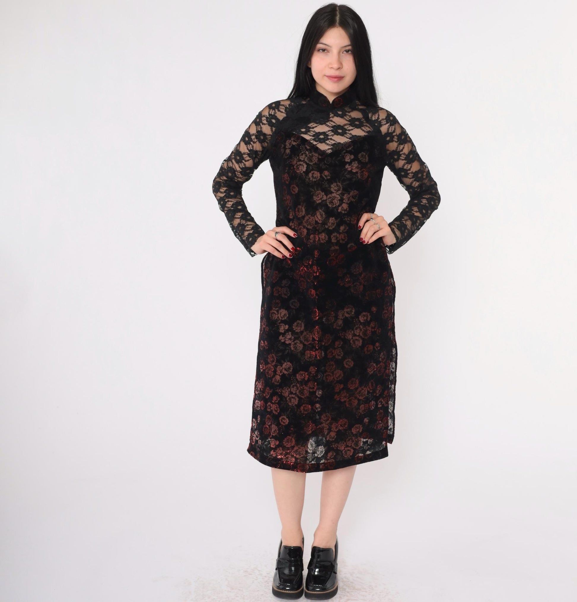 00s Ao Dai Dress Burnout Velvet Floral Mandarin Collar Black Lace Extra Small
