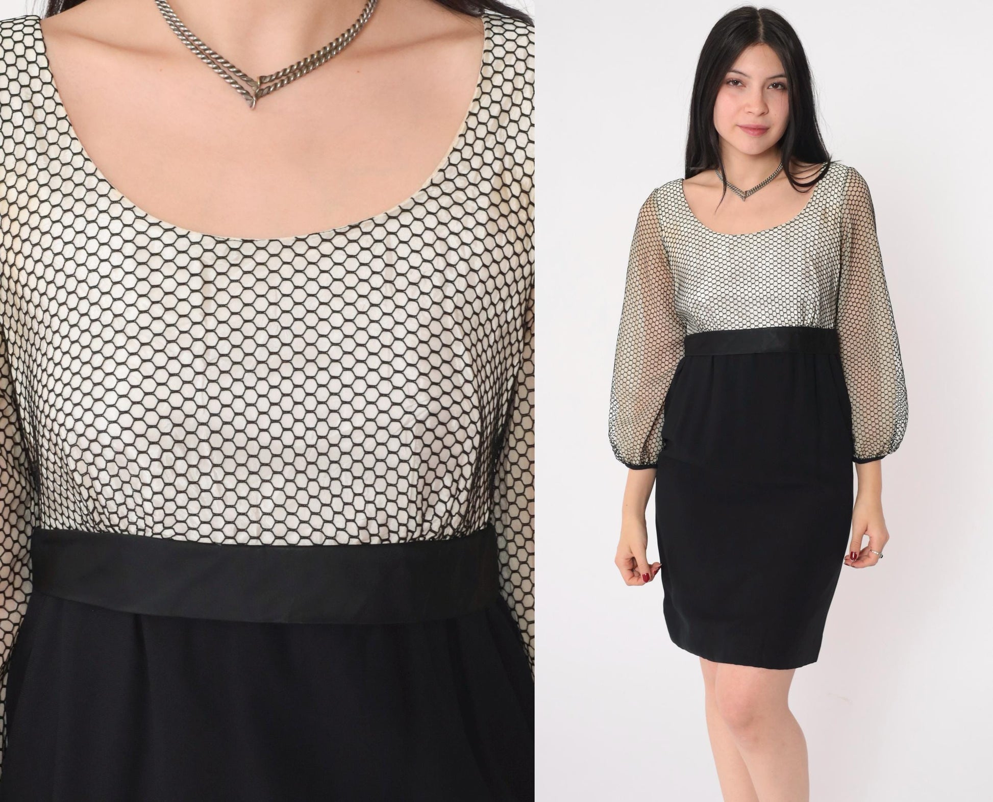 60s Black White Honeycomb Mesh Party Dress High Waist Bow Mini Small