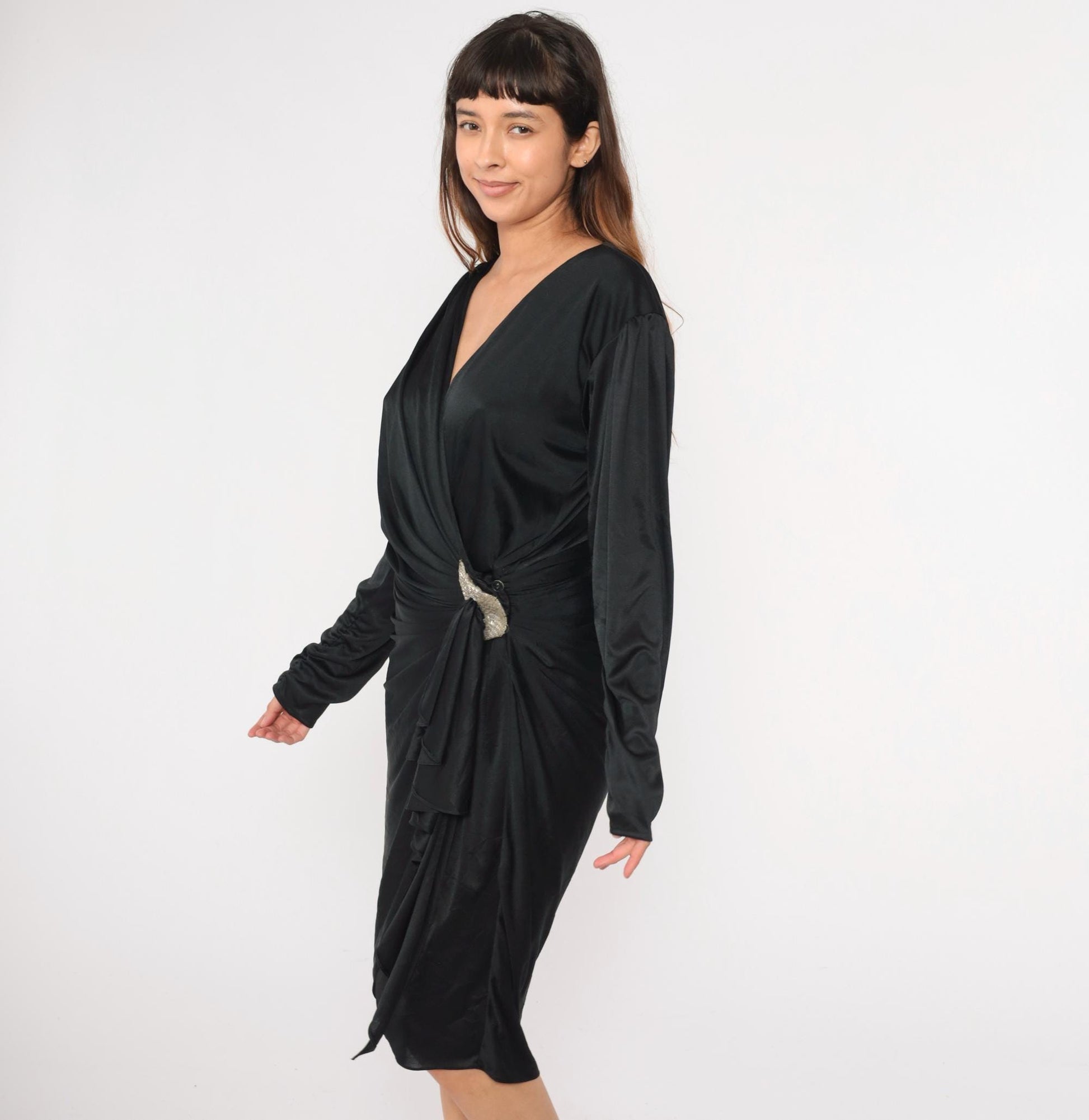 80s Black Faux Wrap Midi Dress Beaded Waist V Neck Long Sleeve Medium