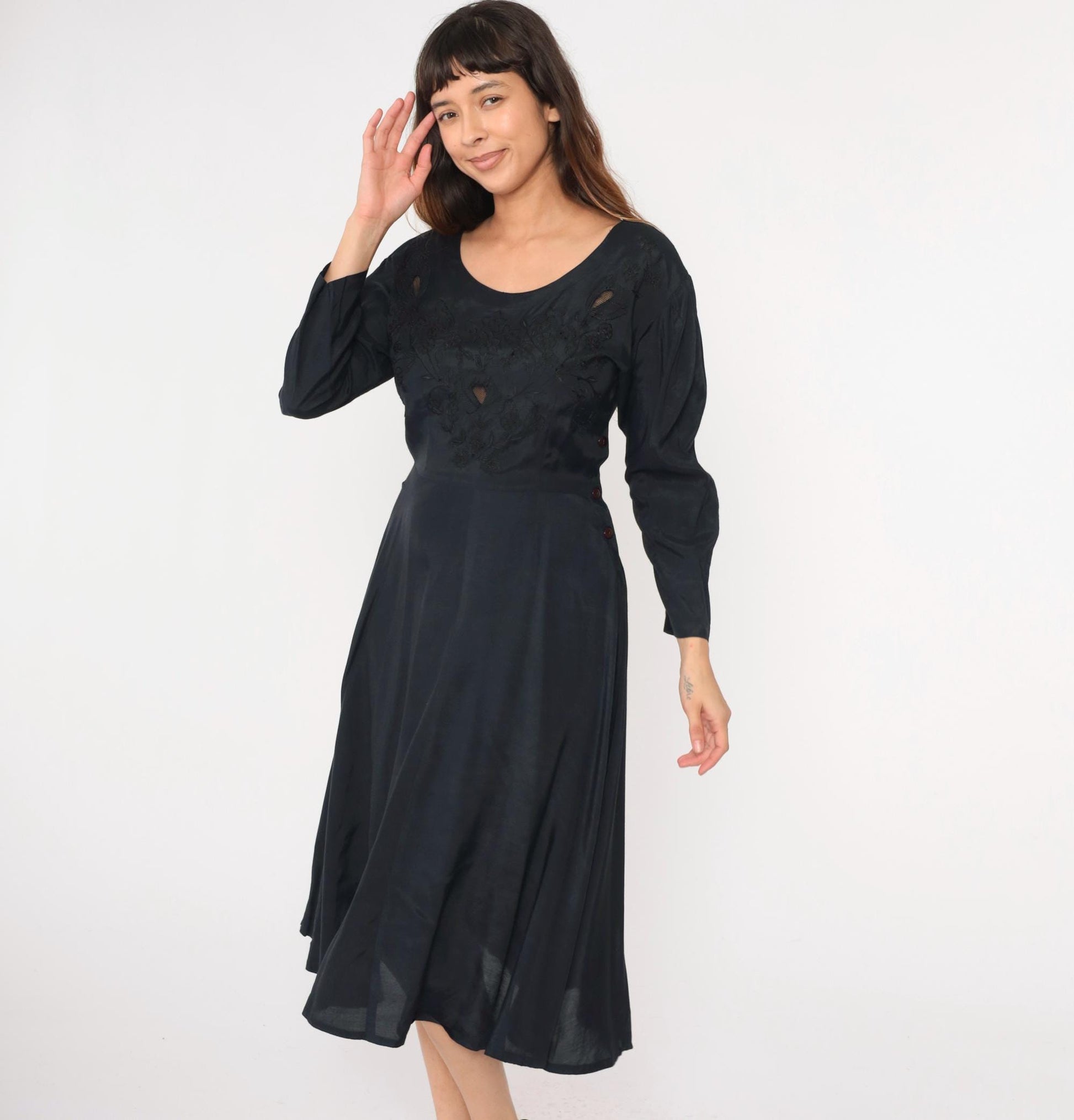 90s Black Floral Embroidery Midi Dress Mesh Cutout Puff Sleeve Small