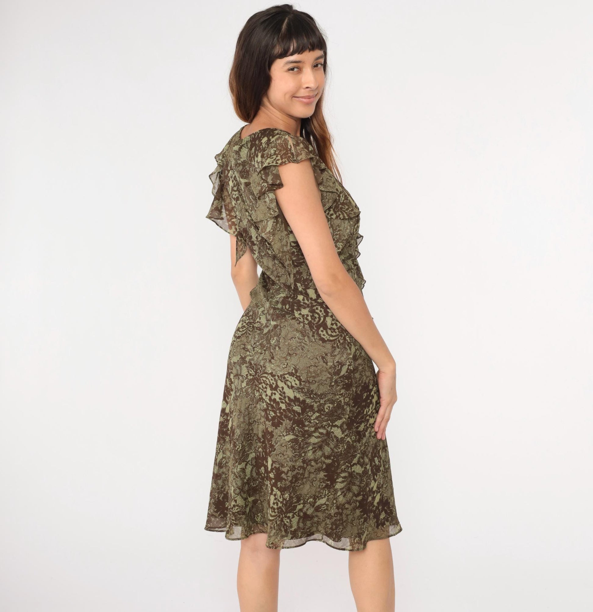 Y2K Floral Chiffon Midi Dress Brown Green Empire Waist V-Neck Small 6