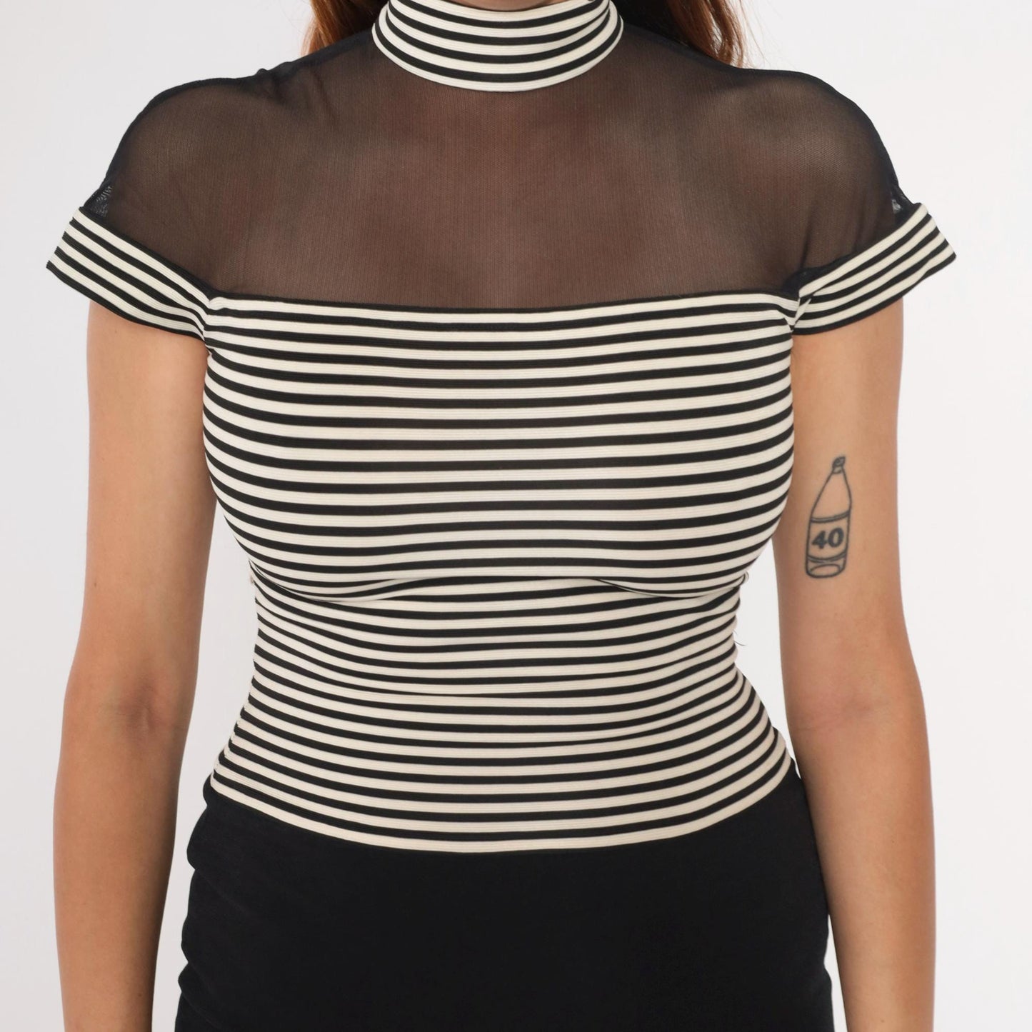 90s Susan Rosalli Bodycon Maxi Dress Black White Striped Mesh Mock Neck Small 4