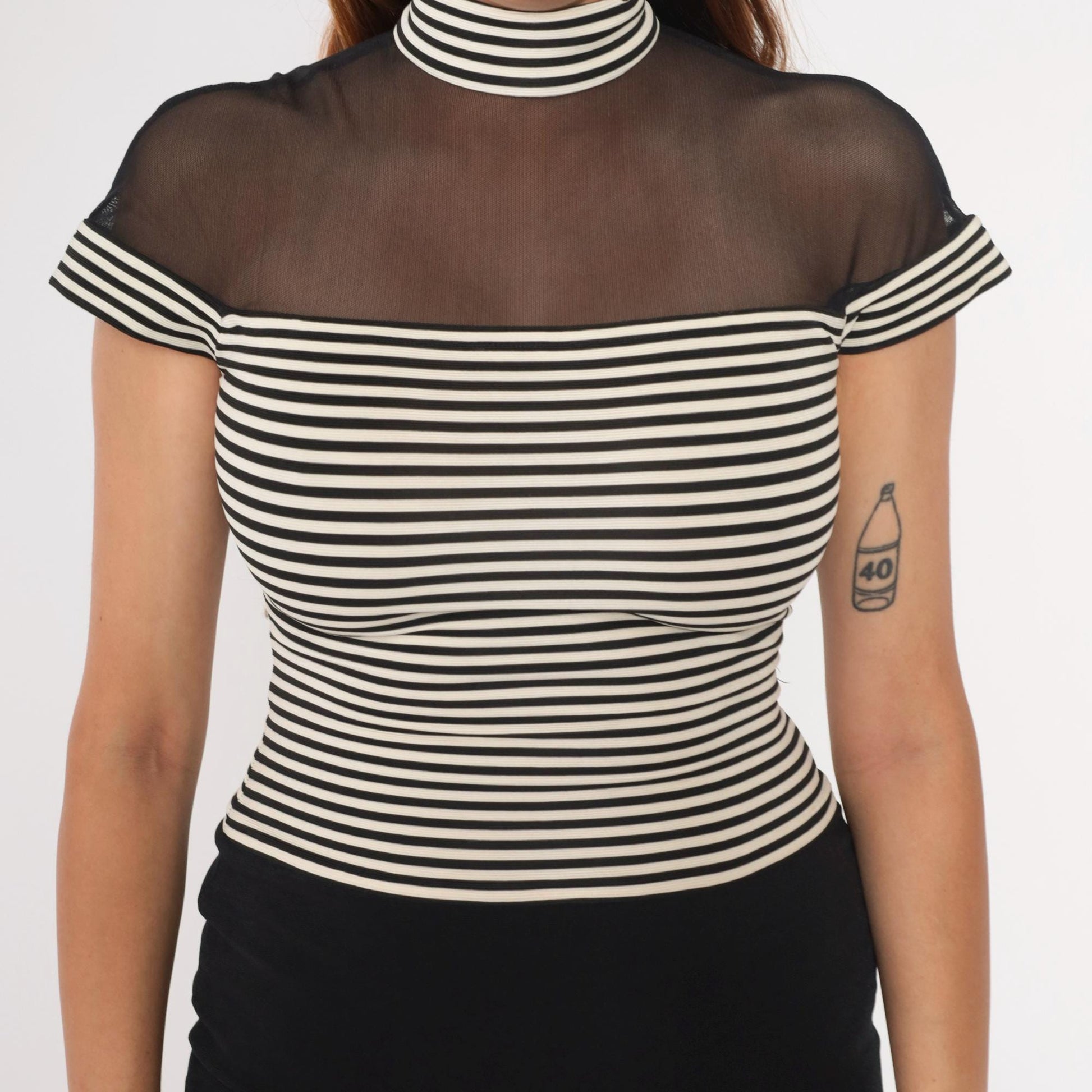 90s Susan Rosalli Bodycon Maxi Dress Black White Striped Mesh Mock Neck Small 4
